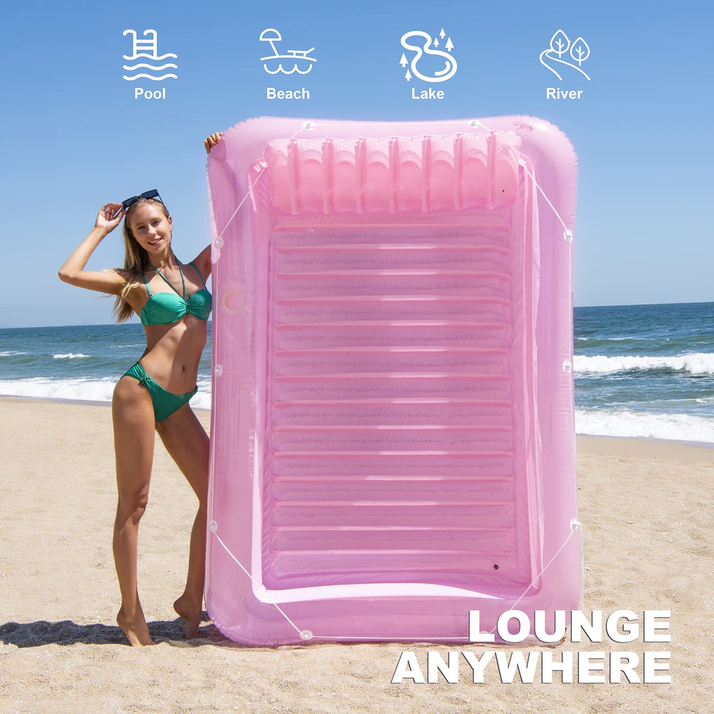 SLLAK Inflatable Pool Floats Lounger for Adults – Pink 85x57 in with Headrest & Drink Pockets