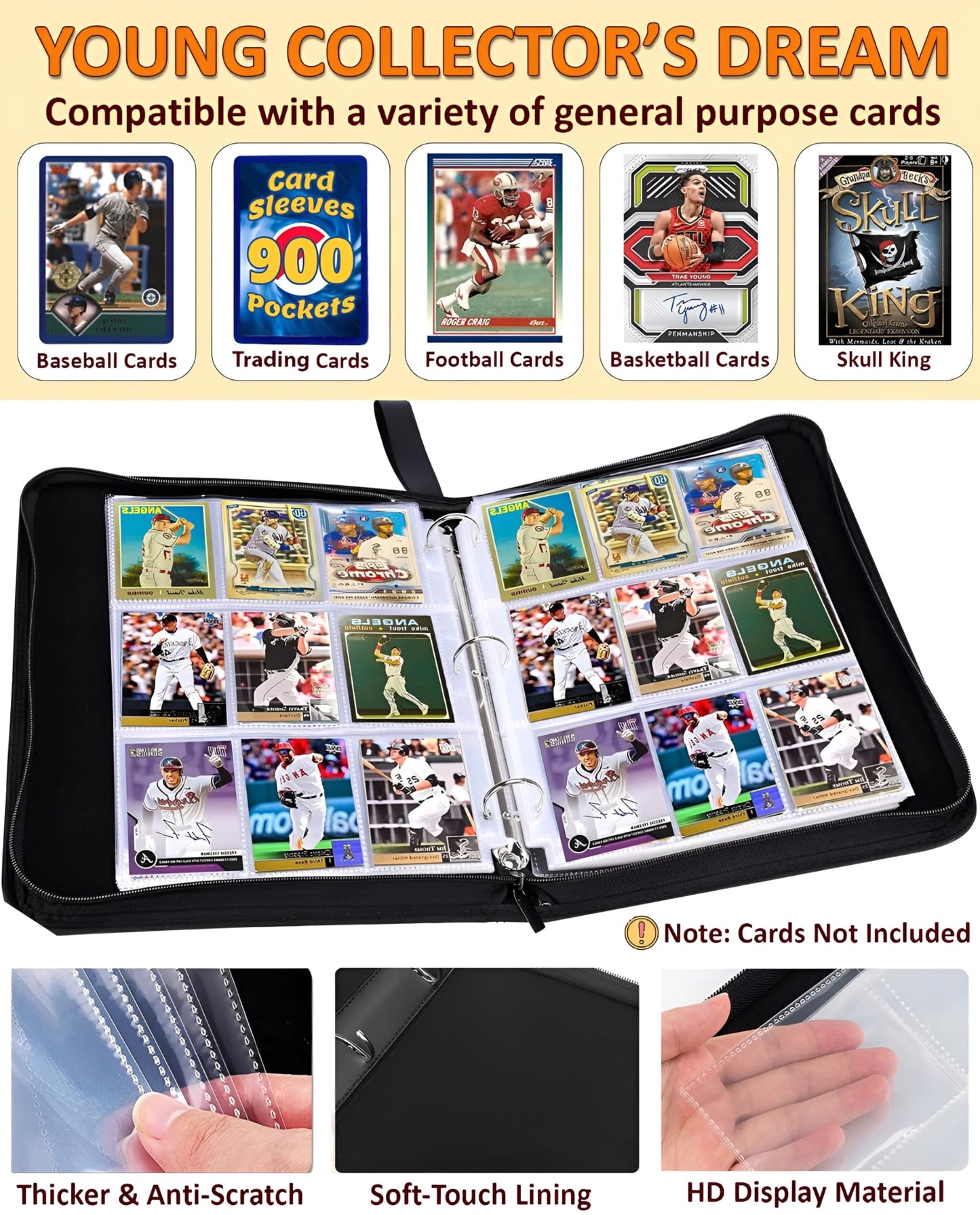 Slonser Baseball Card Binder 900 Pockets – 50 Sleeves, 3-Ring Zipper Binder, 9-Pocket Pages, Blue