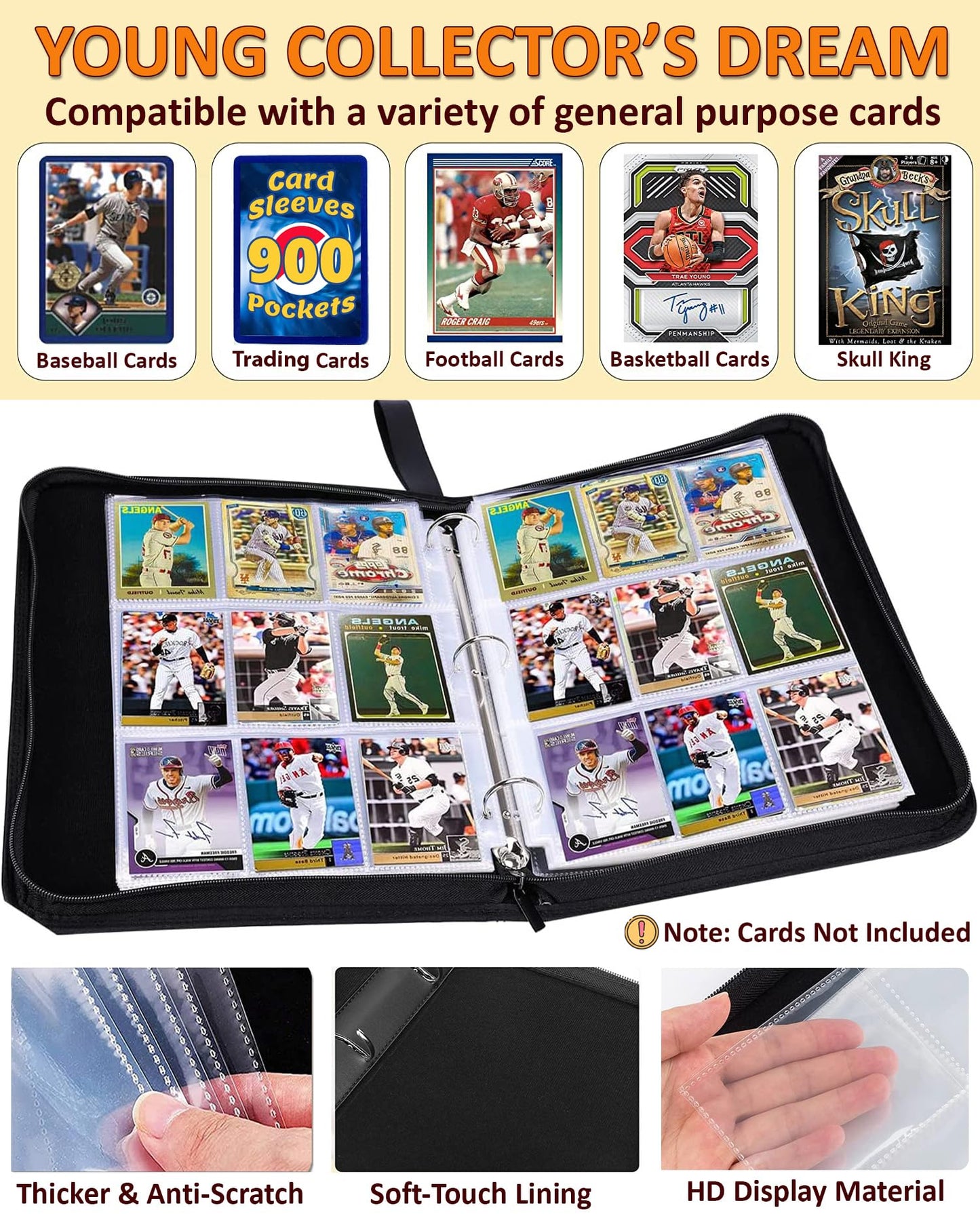 Slonser Baseball Card Binder 900 Pockets – 3 Ring Zipper Organizer for Trading Cards