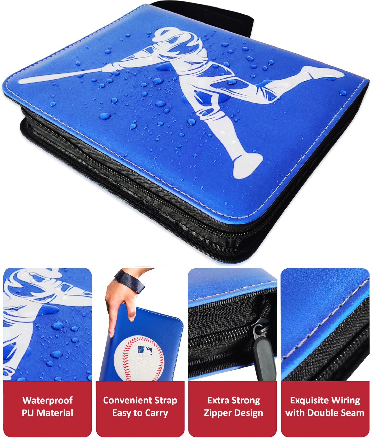 Slonser Baseball Card Binder 900 Pockets – 50 Sleeves, 3-Ring Zipper Binder, 9-Pocket Pages, Blue