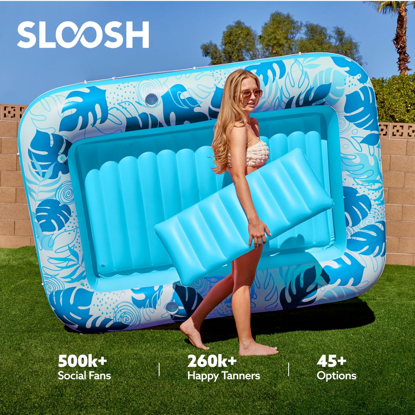 SLOOSH Inflatable Tanning Pool Lounger Float – 85 x 57 in, XL Blue, 4-in-1 Suntan Tub Raft