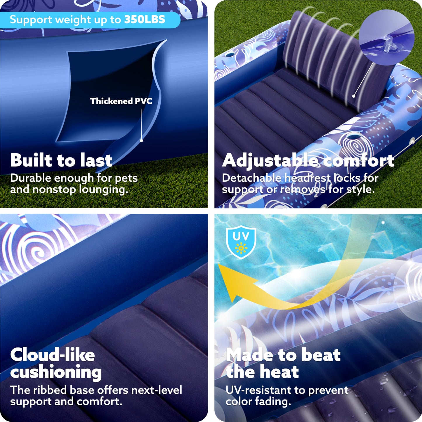 Sloosh Inflatable Tanning Pool Lounger Float — XL 85 x 57, 4-in-1 Sunbed, Dark Blue