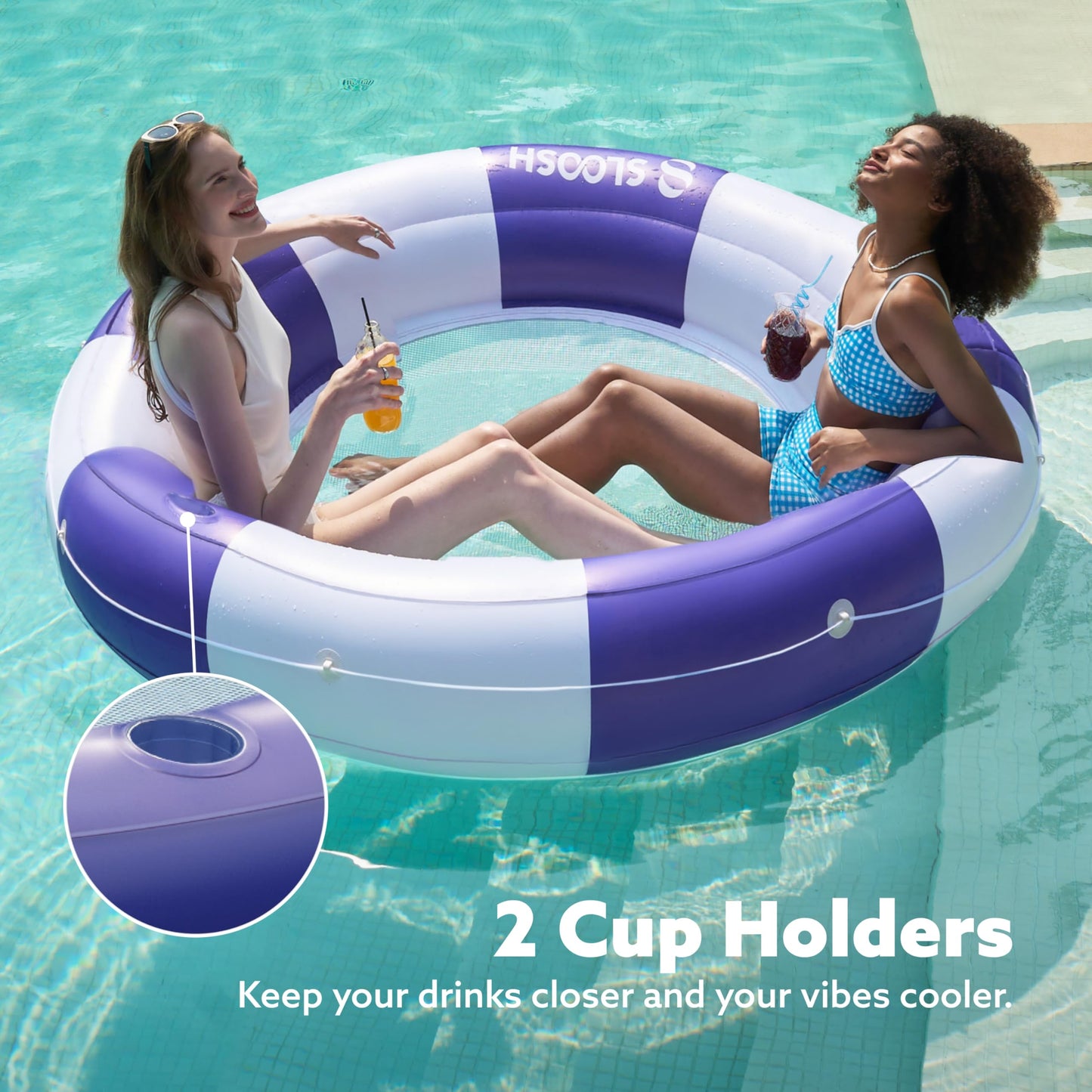 SLOOSH Inflatable Pool Lounger with Mesh – 80" Diameter Navy Stripe, Double Adult Float