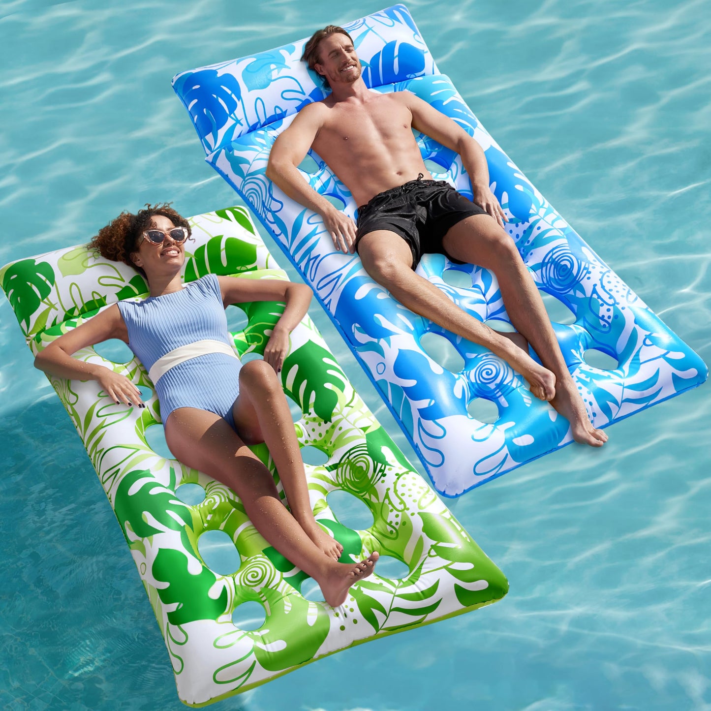 Sloosh 2-Pack Inflatable Pool Floats – XL Adult Loungers with Headrest (Blue/Green)