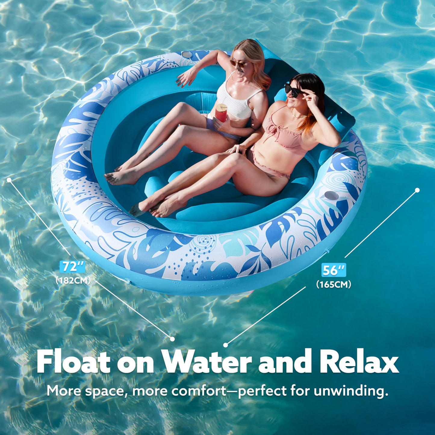 Sloosh Inflatable Tanning Pool Lounger Float - 72-Inch Round Sunbathing Bed with Pillow
