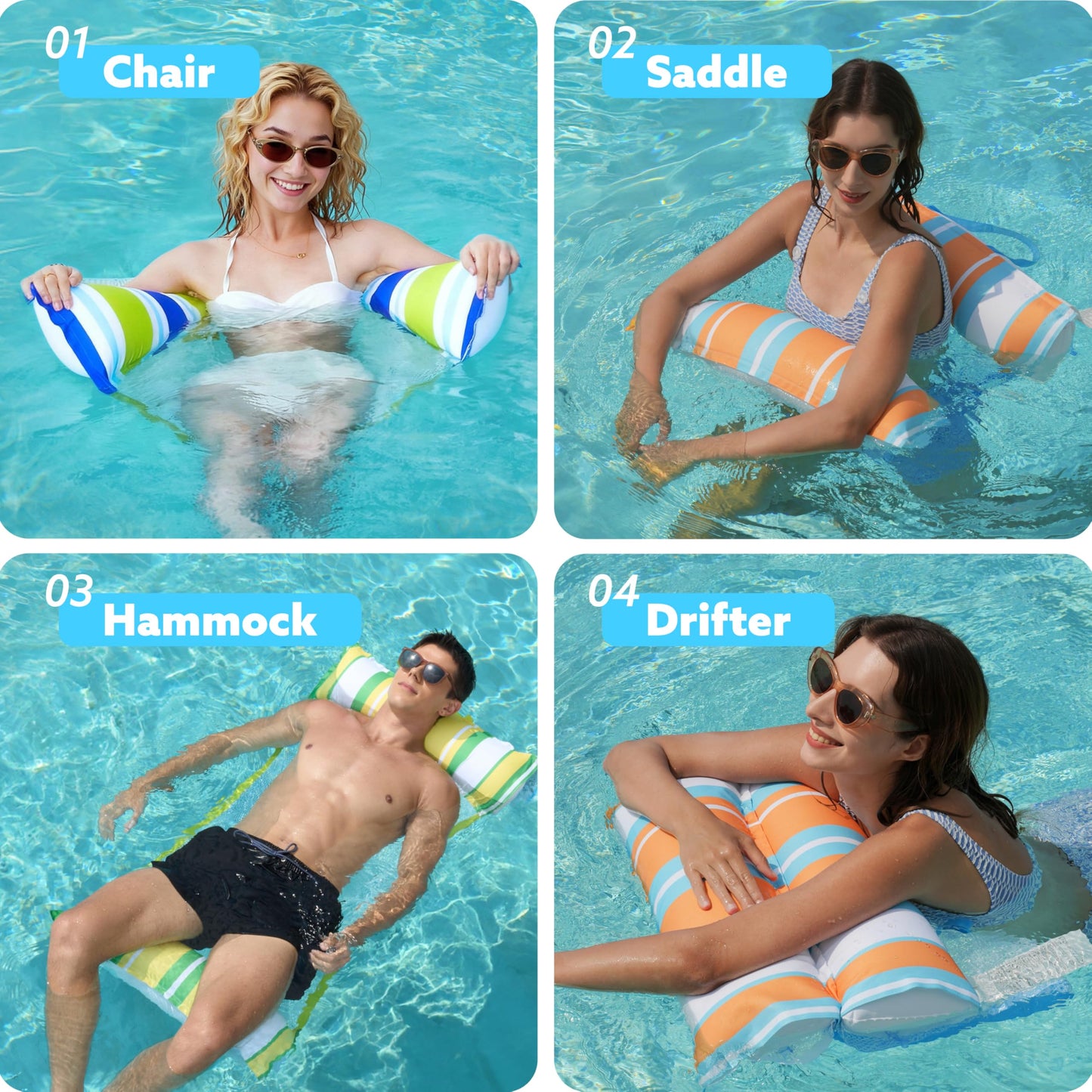 Sloosh 3 Pack Inflatable Pool Float Hammock — Saddle, Lounge Chair & Drifter (Dark Blue, Yellow, Orange)