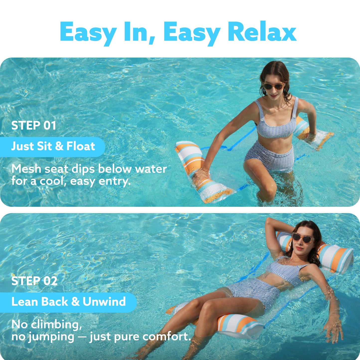 Sloosh 3 Pack Inflatable Pool Float Hammock — Saddle, Lounge Chair & Drifter (Dark Blue, Yellow, Orange)