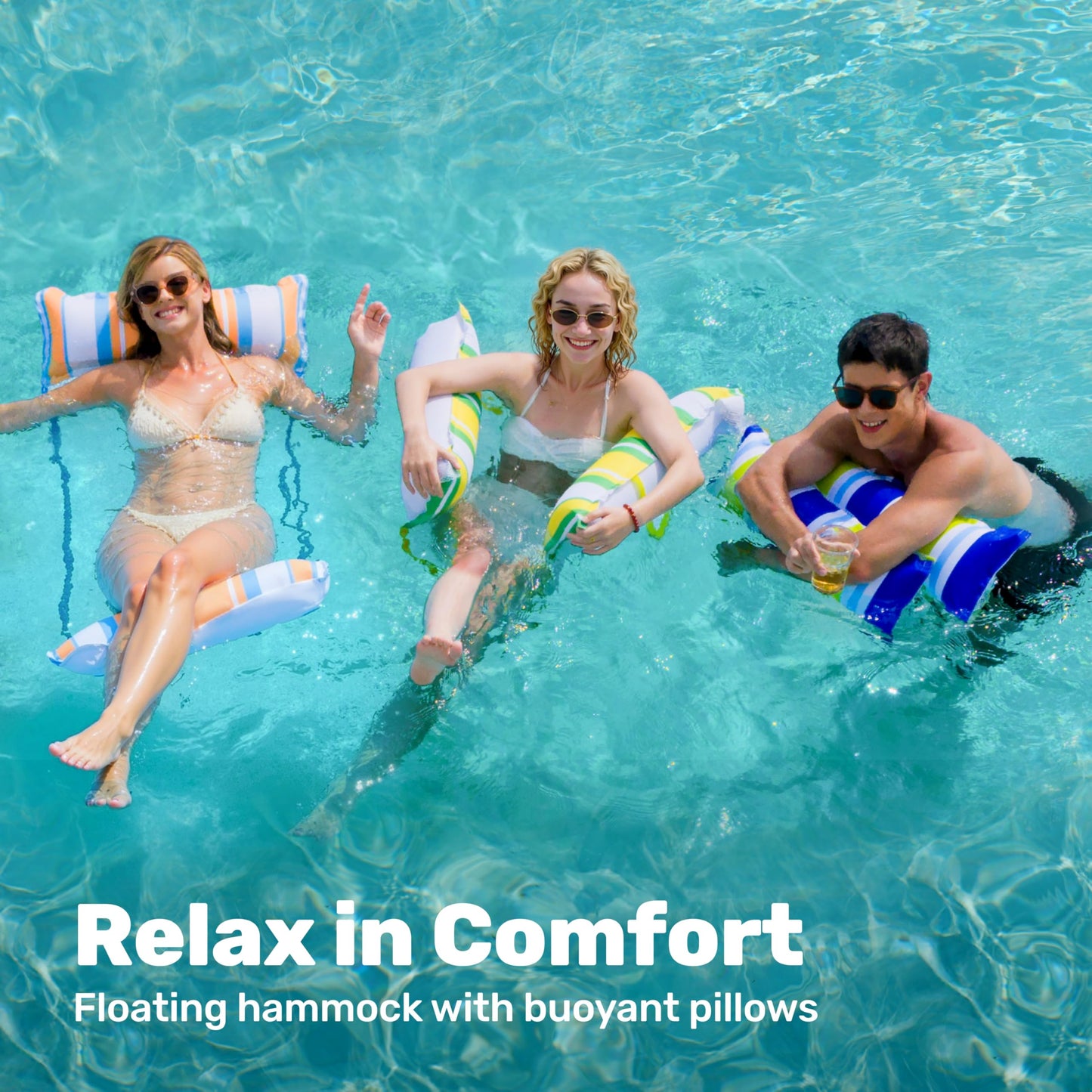 Sloosh 3 Pack Inflatable Pool Float Hammock — Saddle, Lounge Chair & Drifter (Dark Blue, Yellow, Orange)