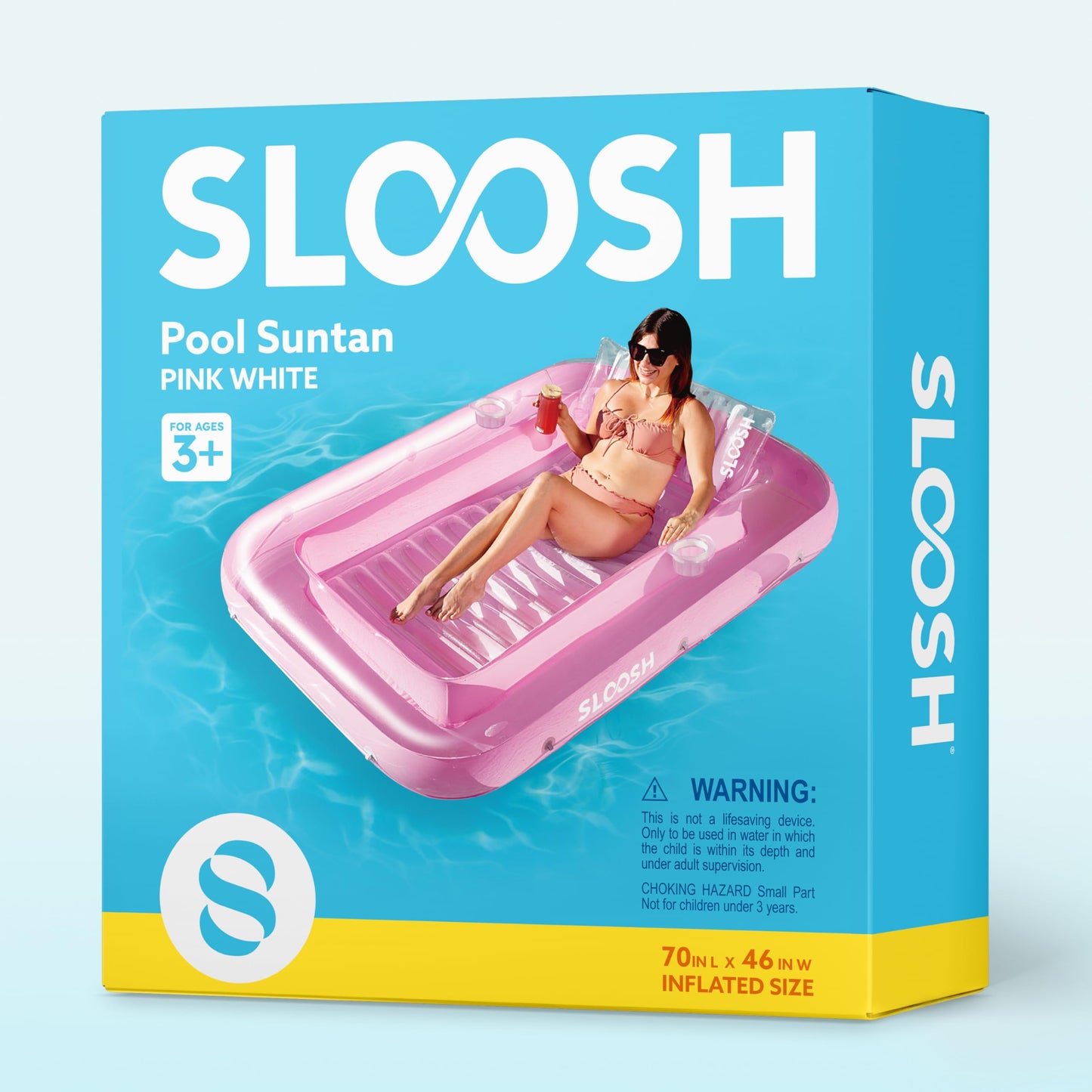 Sloosh Inflatable Tanning Pool Lounger Float – 70 x 46 in, Pink/White, 4-in-1 Suntan Tub Raft