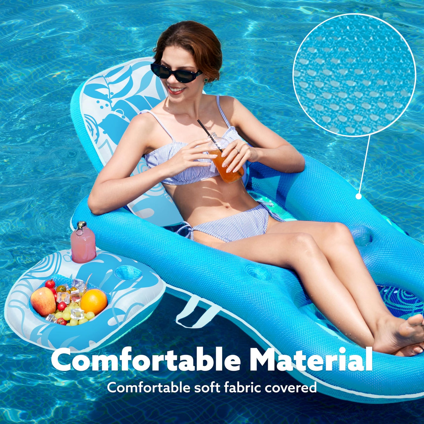 Sloosh Pool Floats Lounger – 2-in-1 Fabric Pool Float with Cup Holders (Blue)