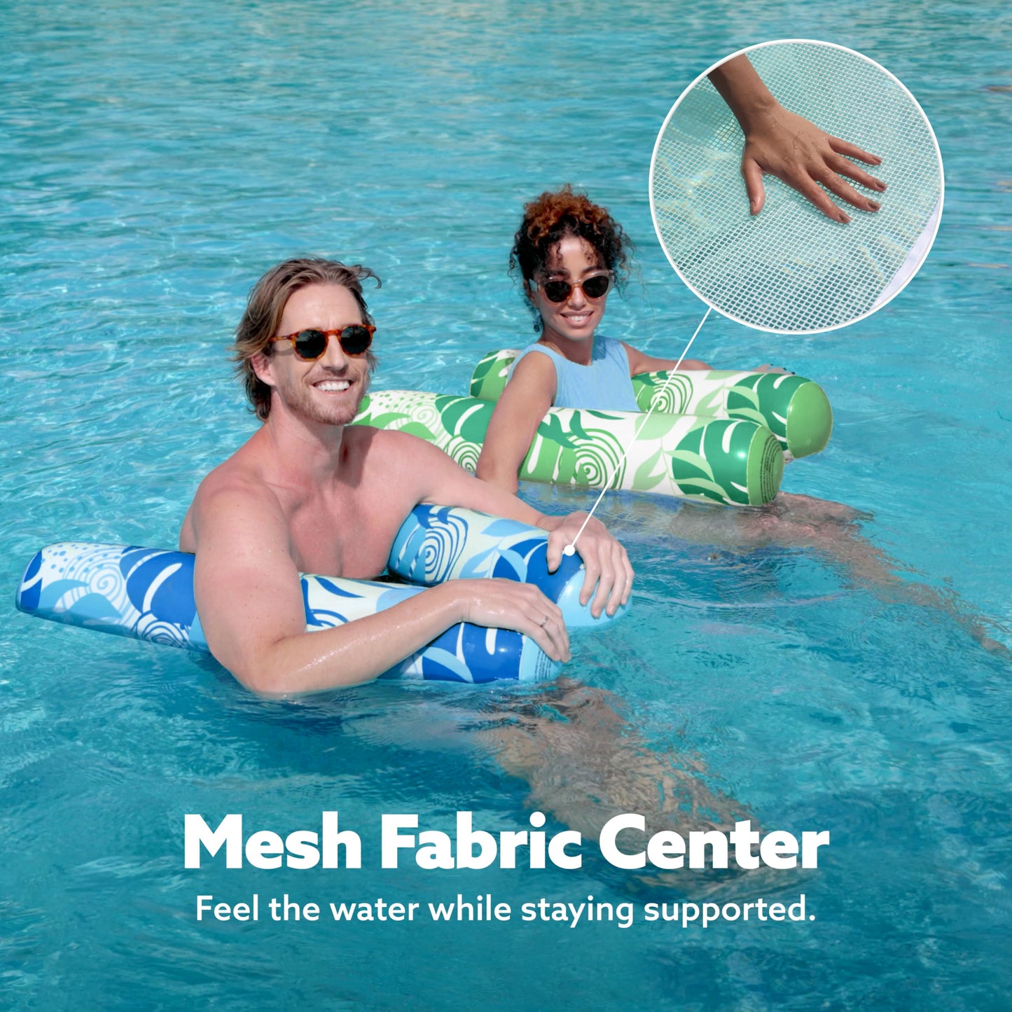 Sloosh 2 Packs Tropical Leaves Hammock Pool Floats – 4-in-1 Inflatable Loungers (Blue & Green)