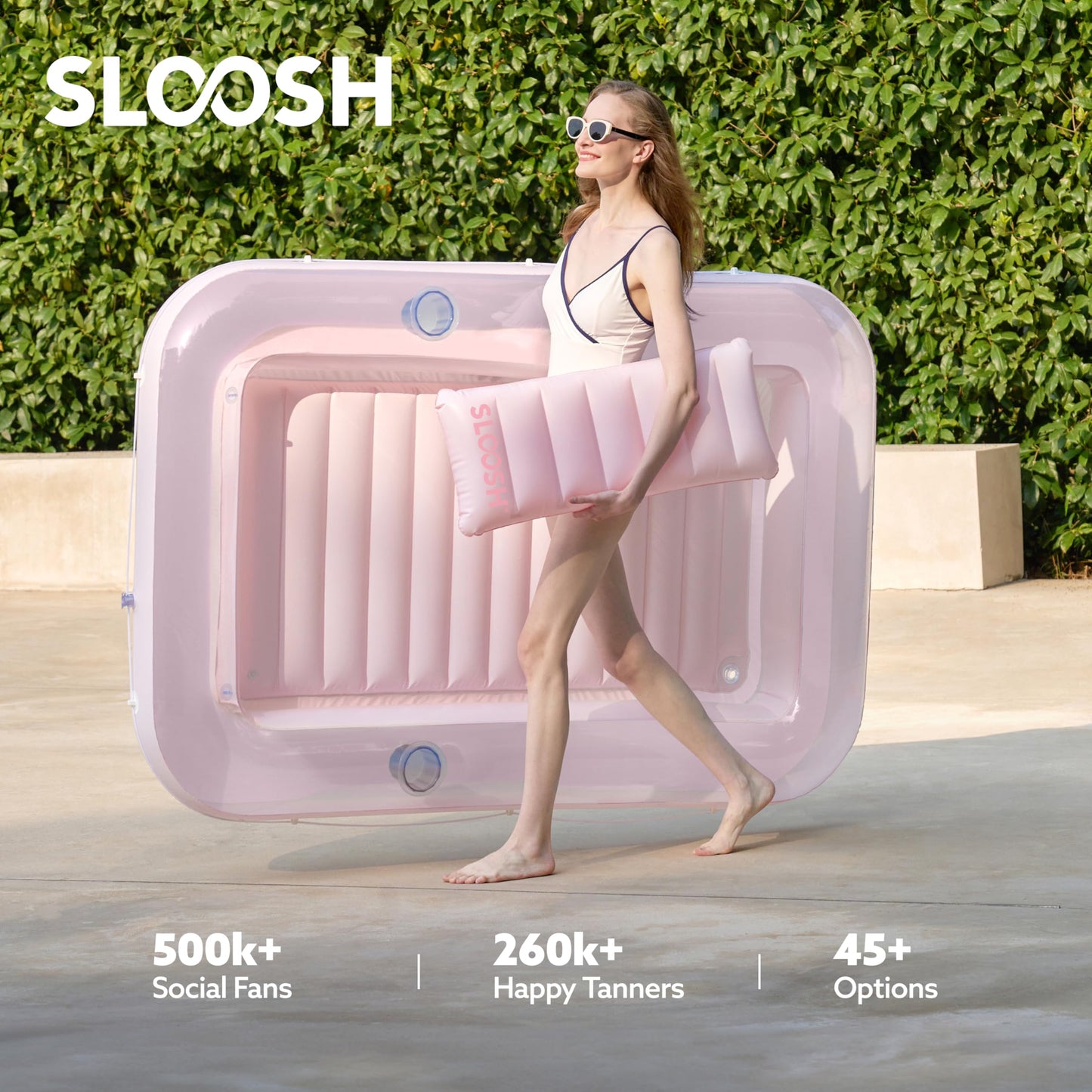 SLOOSH Inflatable Tanning Pool Lounger Float – 70 x 46 in, 4-in-1 Sunbathing Bed with Pillow