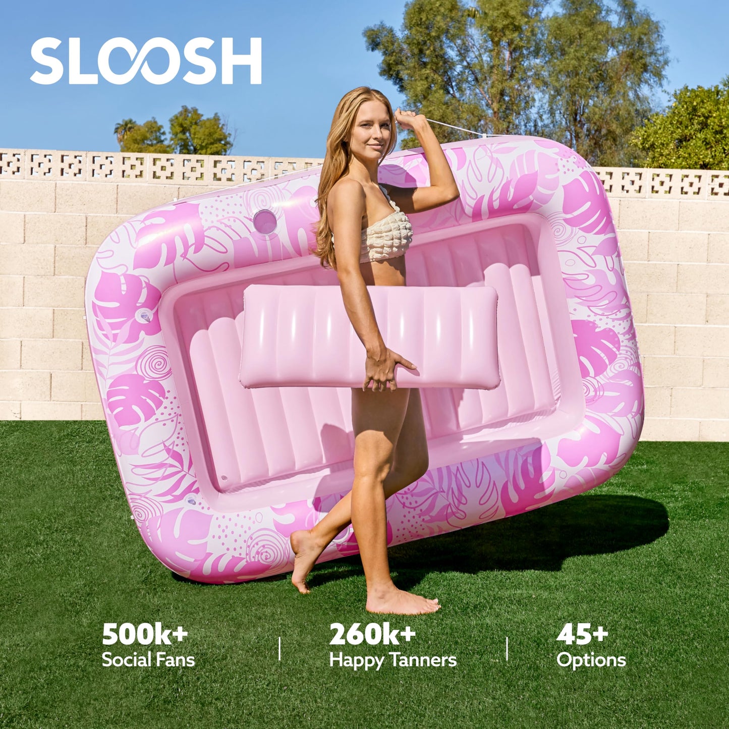 Sloosh Inflatable Tanning Pool Lounger Float – 70x46 in, 4-in-1 Suntan Tub with Pillow