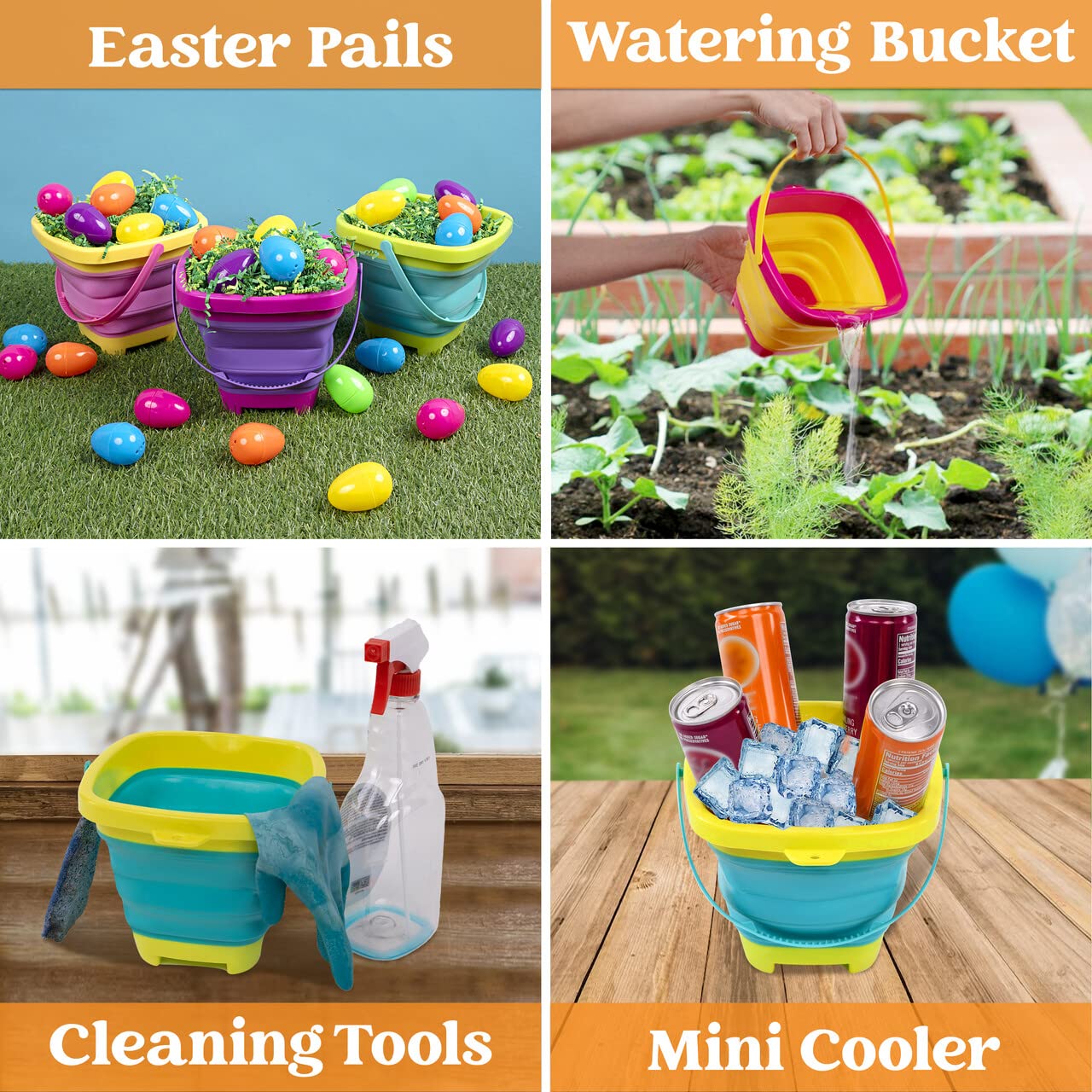 Sloosh 3-Piece Foldable Buckets with Shovels – Silicone Collapsible Beach Set (Yellow/Blue/Green)