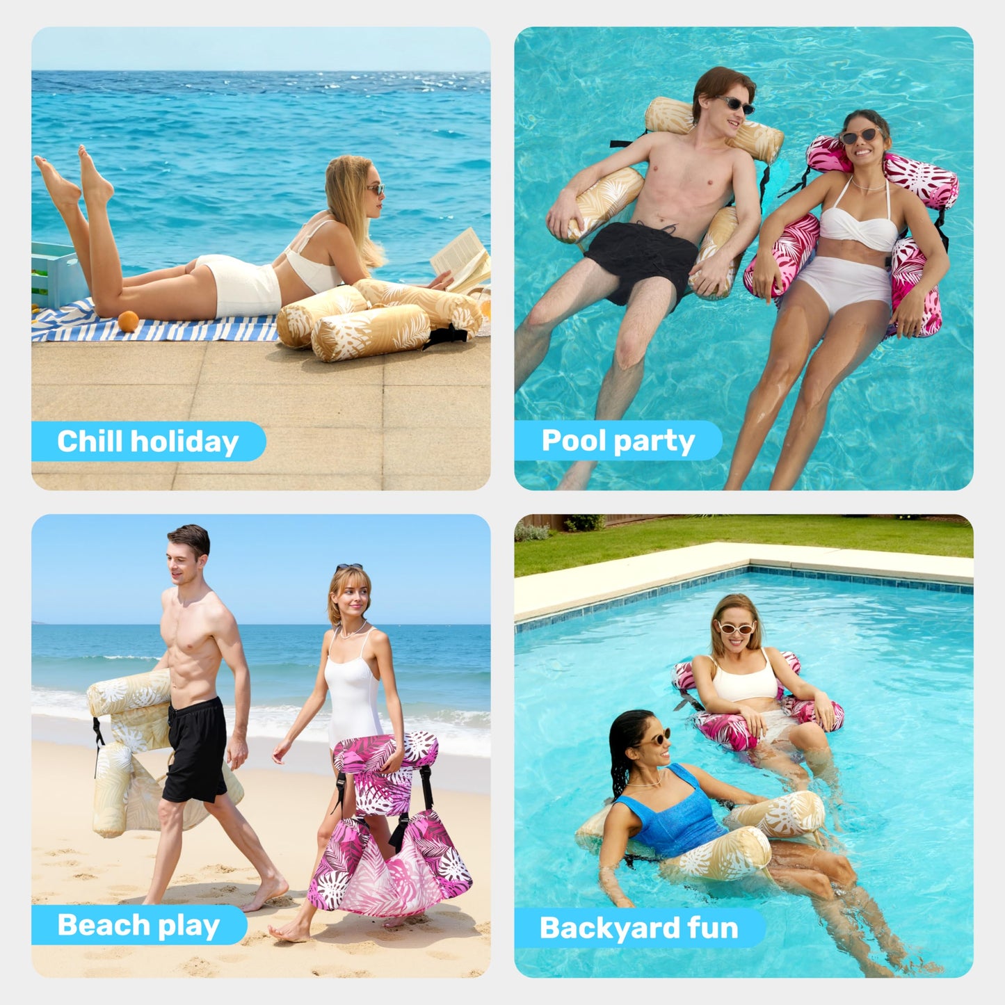 SLOOSH 2-Pack Inflatable Pool Floats for Adults | Floating Lounge Chairs - Tropical Leaves Champagne Pink
