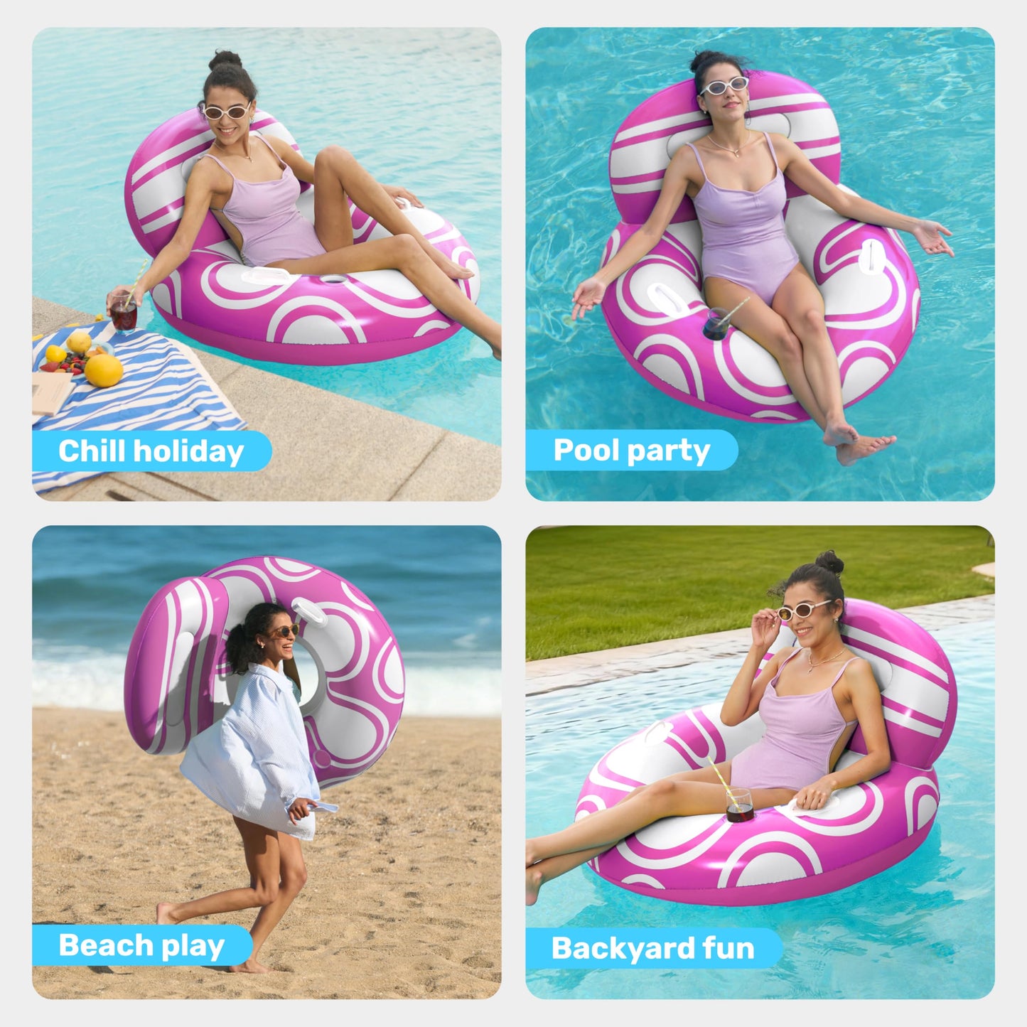 Sloosh Inflatable Pool Float Chair — Big Backrest, Mesh Seat, Cup Holders | Pink & White