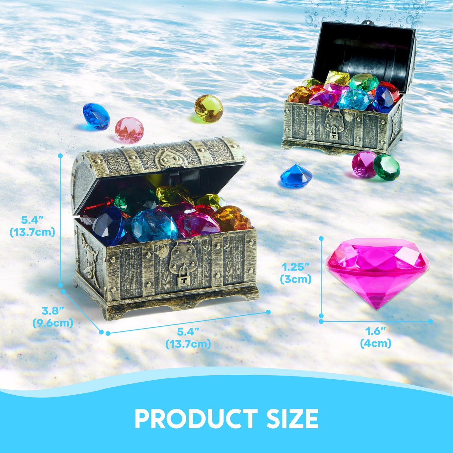 Sloosh Diving Gems Pool Toys – 16 Colorful Acrylic Diamonds & Pirate Treasure Chest