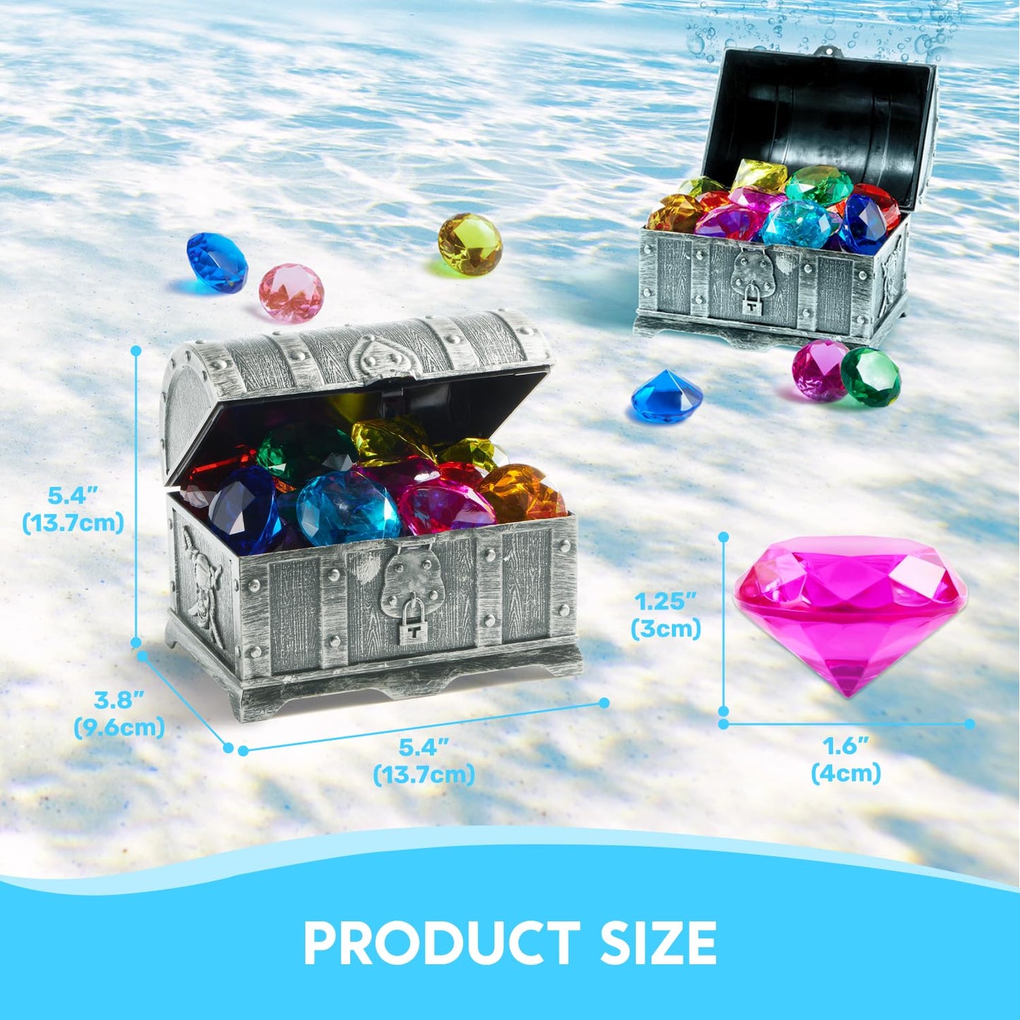 Sloosh Diving Gems Pool Toys – 16 Colorful Diamonds & Pirate Treasure Chest