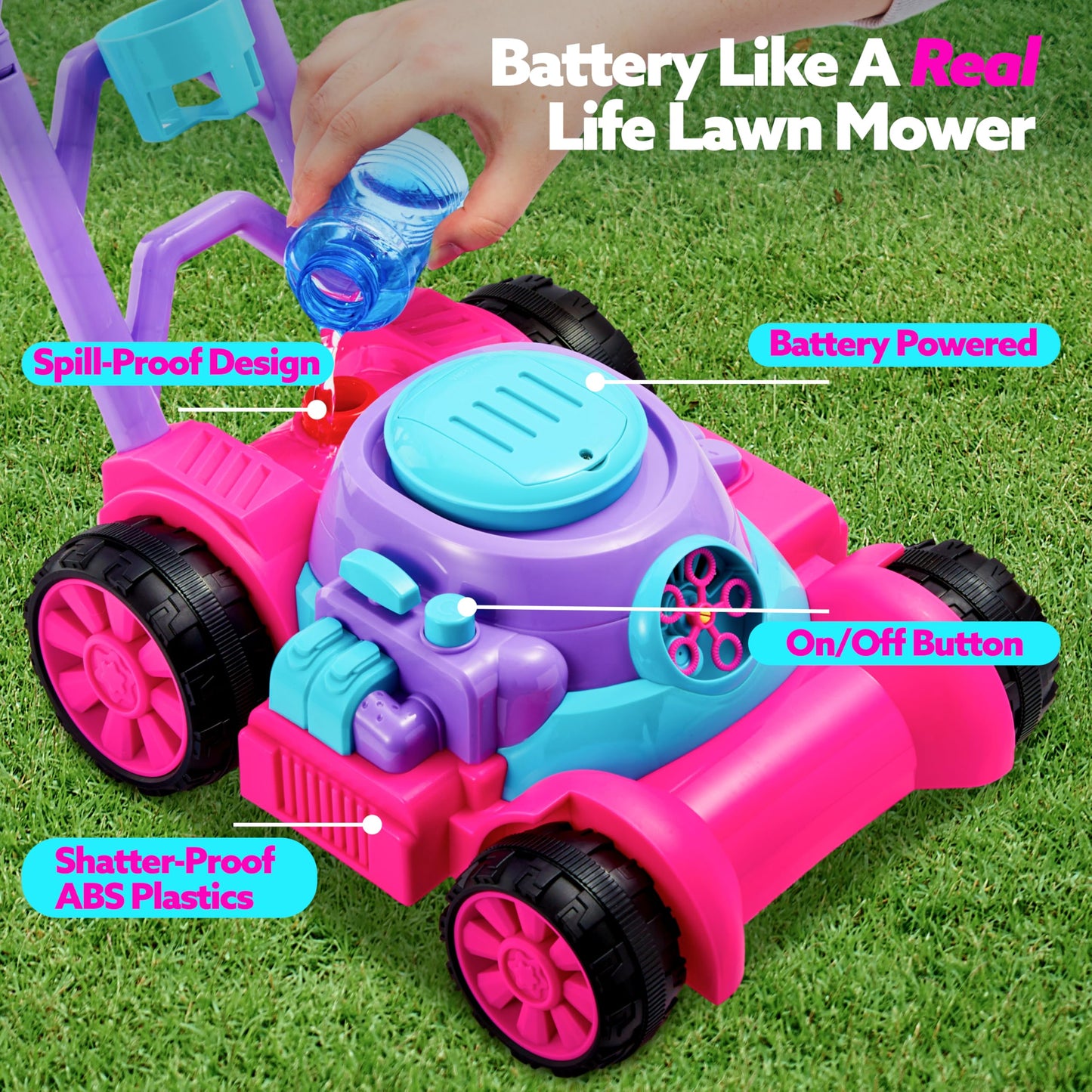 SLOOSH Bubble Lawn Mower Toy for Toddlers – Spill-Proof Pink Bubble Machine