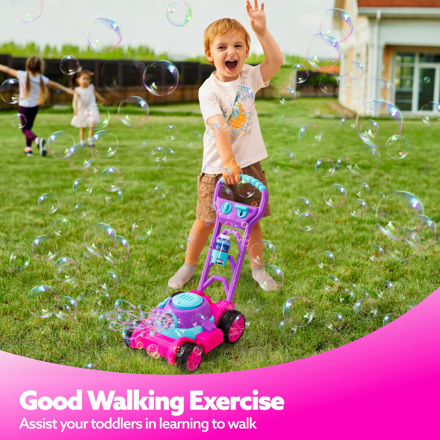 SLOOSH Bubble Lawn Mower Toy for Toddlers – Spill-Proof Pink Bubble Machine