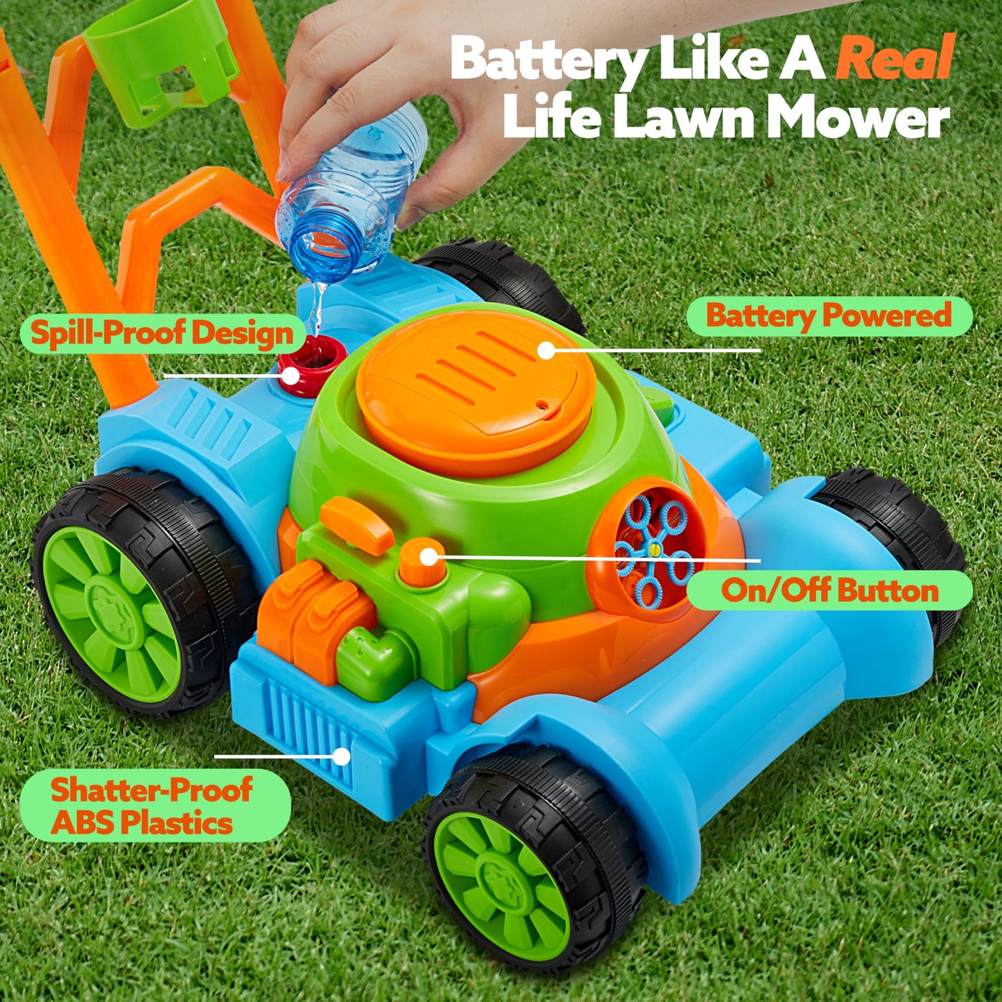 SLOOSH Bubble Lawn Mower Toddler Toy – Spill-Proof Bubble Machine for Indoor Outdoor Play