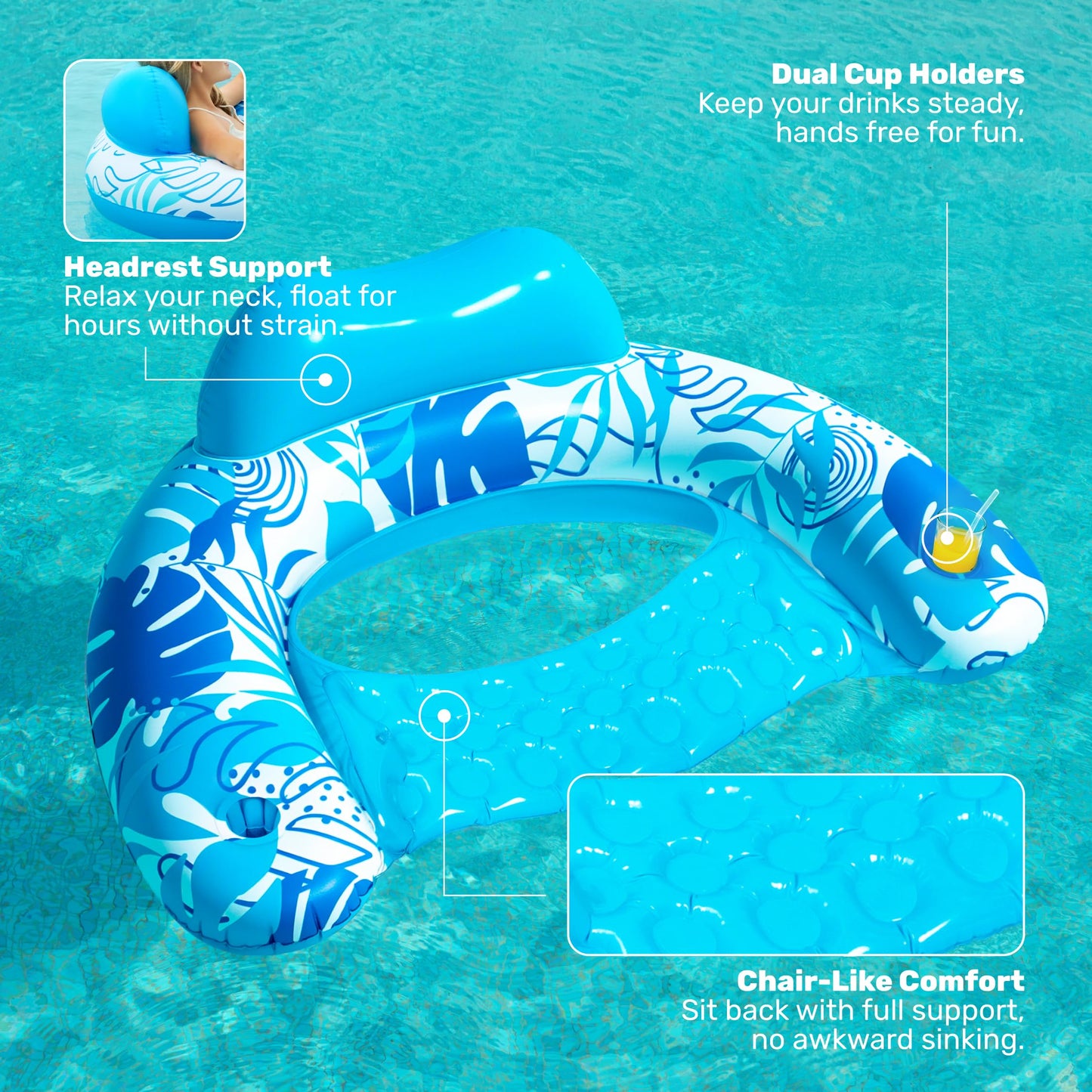 Sloosh Inflatable Pool Floats – 2-Pack Pool Chairs with Cup Holders (Blue & Champagne)