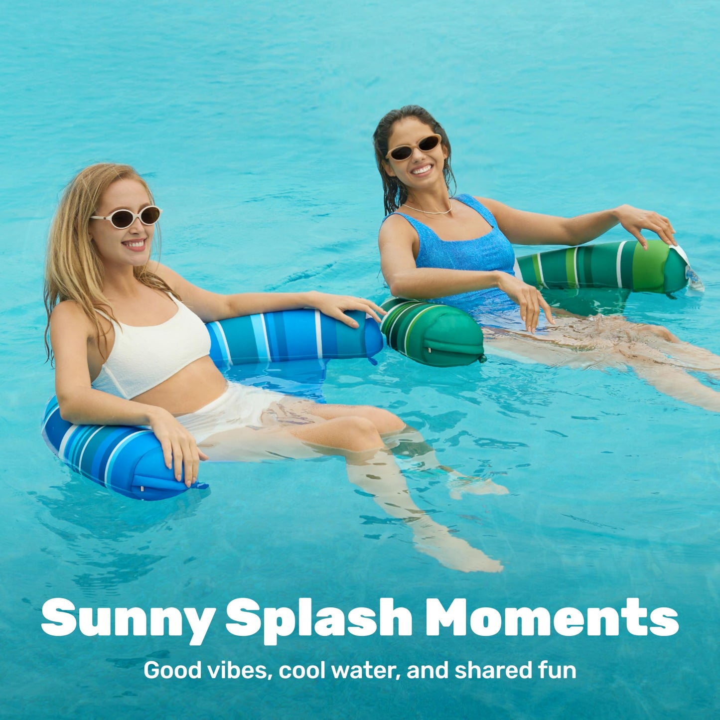 Sloosh Inflatable Pool Floats Chairs – 2-Pack Adults with Stripes (Blue & Green)
