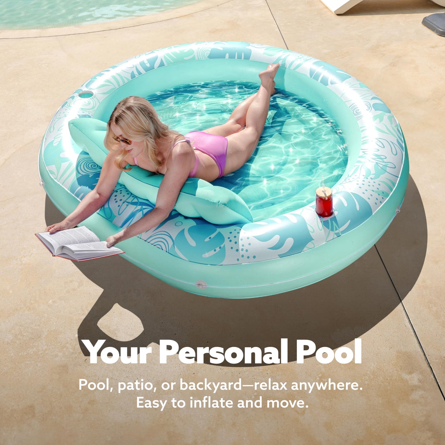 SLOOSH Inflatable Tanning Pool Lounger Float – 72-inch Round Cyan, 4-in-1 Suntan Tub for Adults