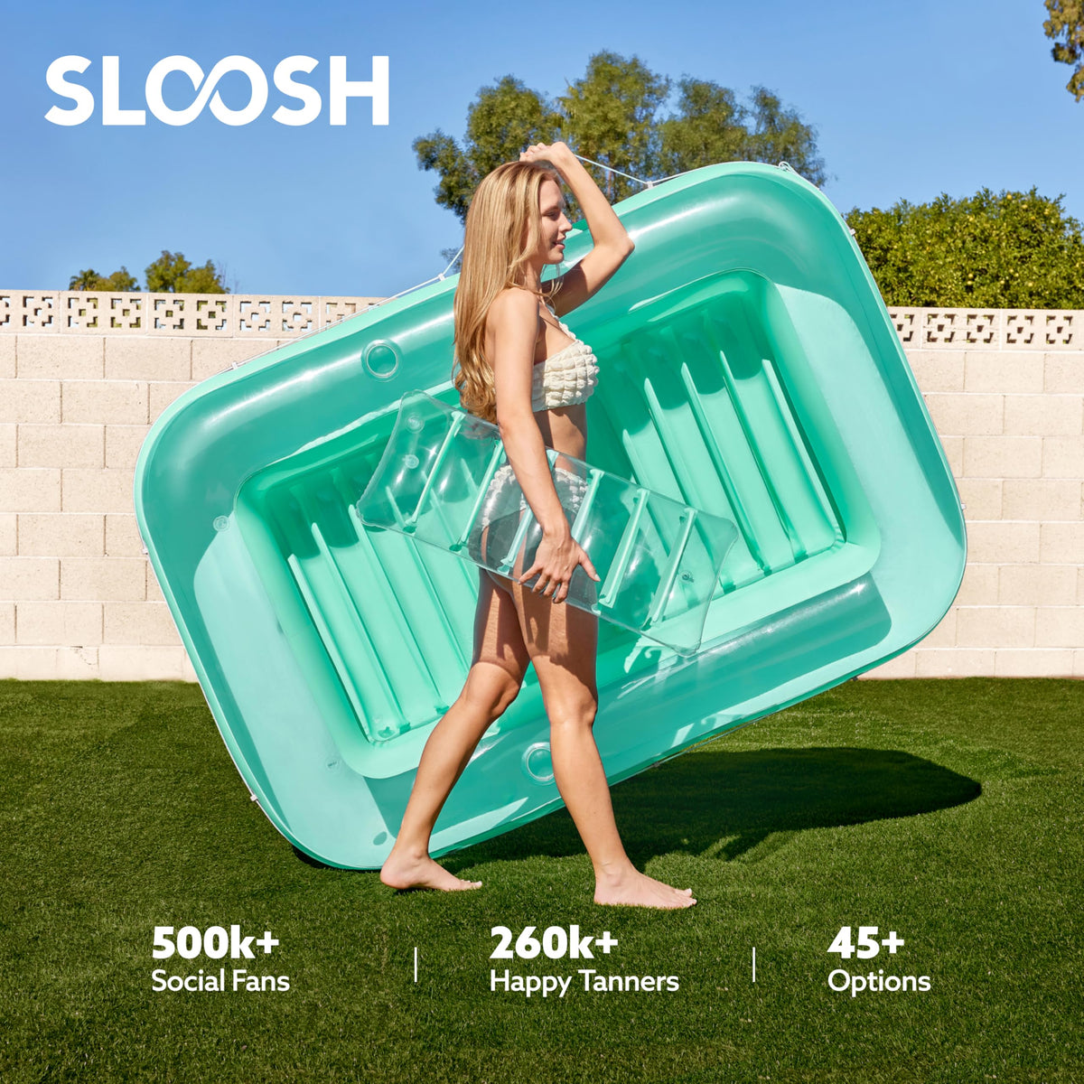 SLOOSH Inflatable Tanning Pool Lounger Float – 70 x 46 in, Pillow, 4-in-1 Suntan Tub, UV-Resistant