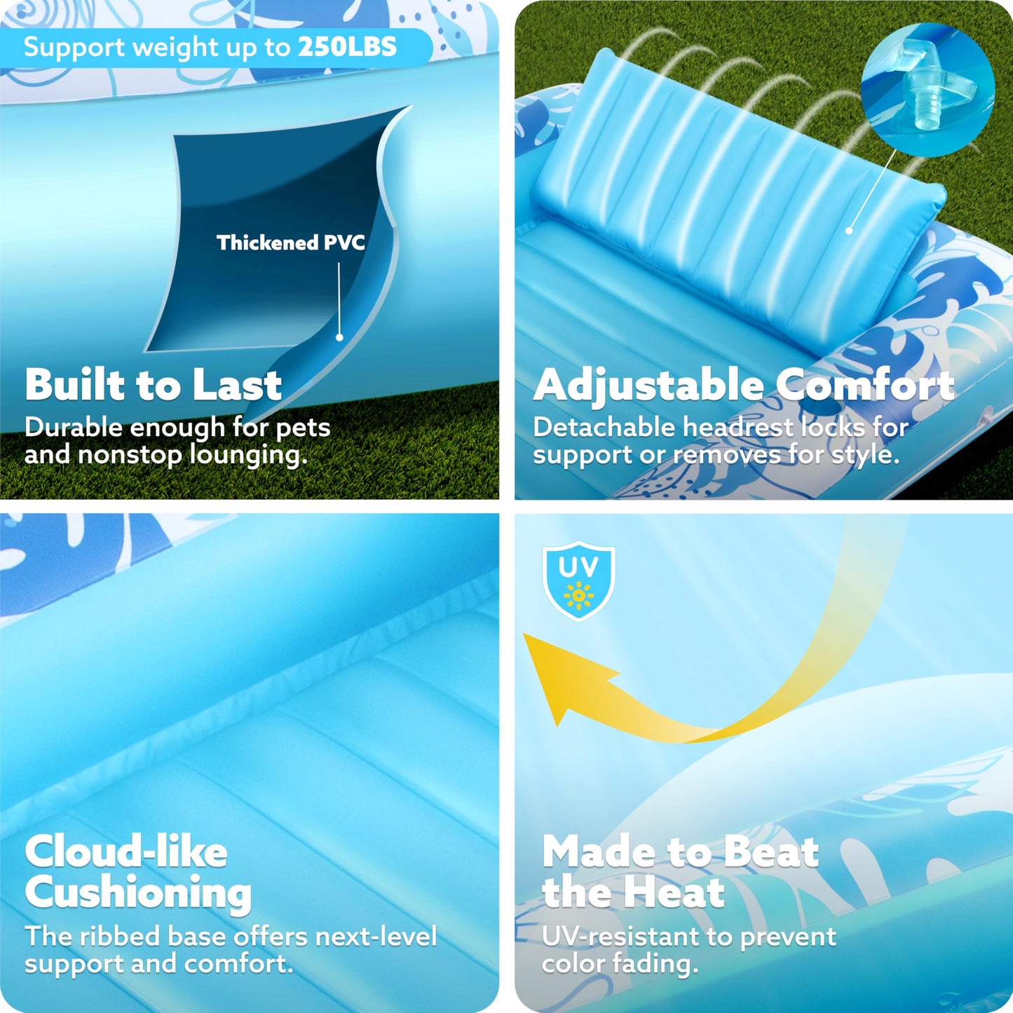SLOOSH Inflatable Tanning Pool Lounger Float – 70x46, 4-in-1 Sunbathing Bed with Pillow & Drink Holders