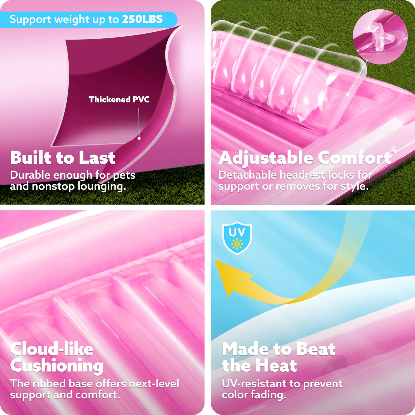 SLOOSH Inflatable Tanning Pool Lounger 70x46 — 4-in-1 Suntan Tub Raft with Pillow