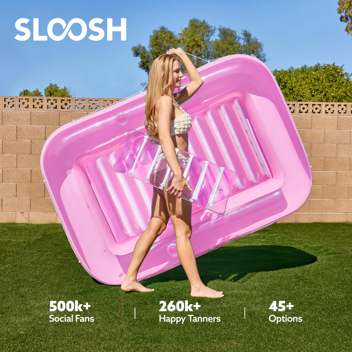 Sloosh Inflatable Tanning Pool Lounger Float – 70 x 46 in, Pink/White, 4-in-1 Suntan Tub Raft