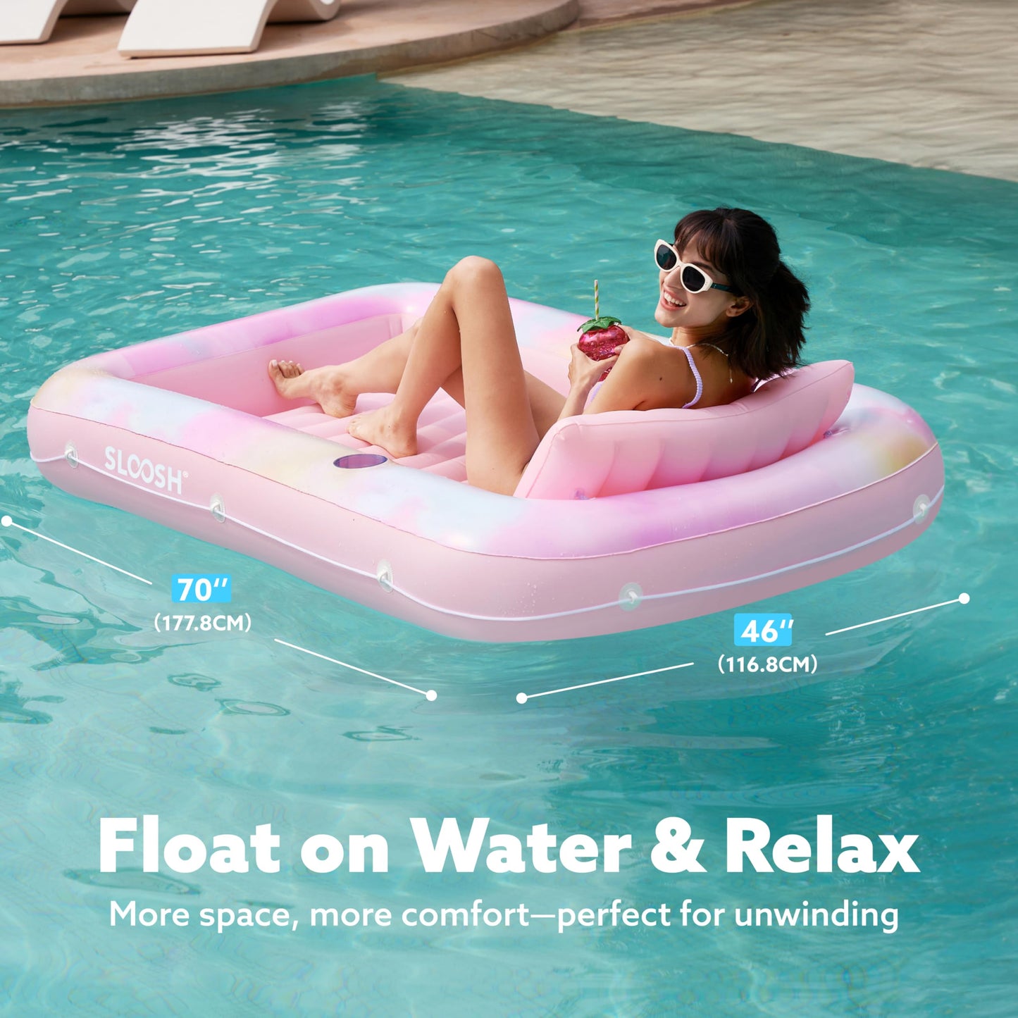 SLOOSH Inflatable Tanning Pool Lounger – 70x46 in Blue Daisy (4-in-1 Suntan Tub Raft)
