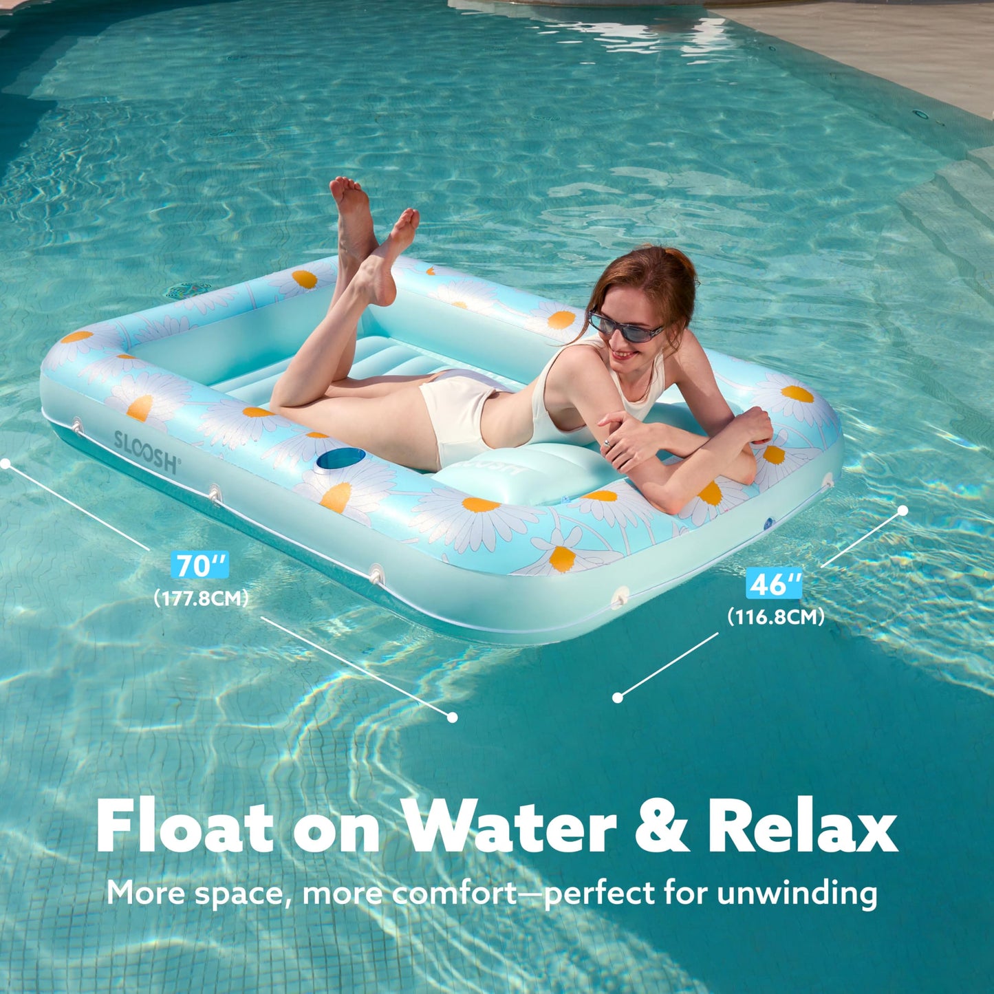 Sloosh Inflatable Tanning Pool Lounger – 70 x 46 in Blue Marble with Pillow