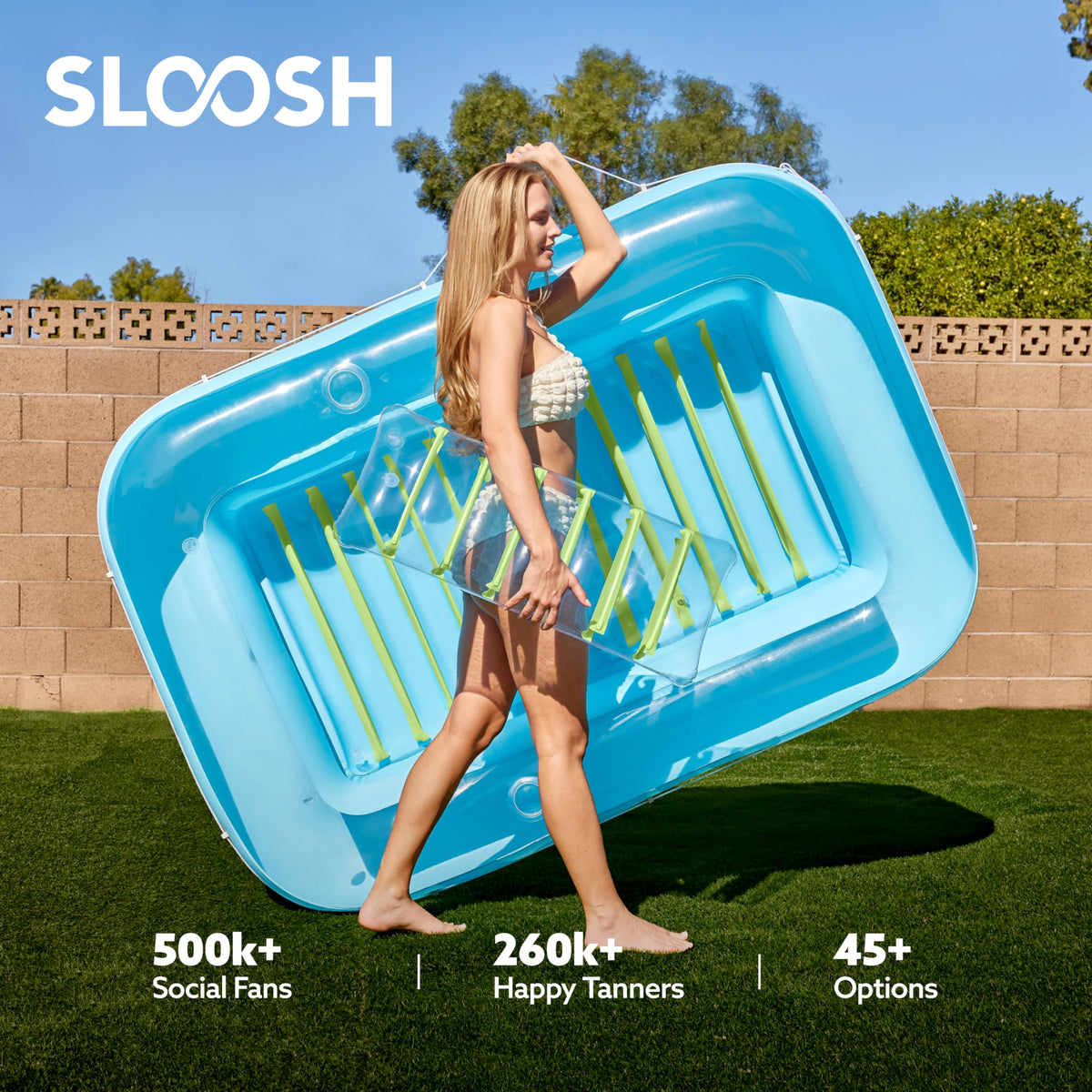 SLOOSH Inflatable Tanning Pool Lounger Float — 70x46, 4-in-1 Suntan Tub Raft, UV-Resistant