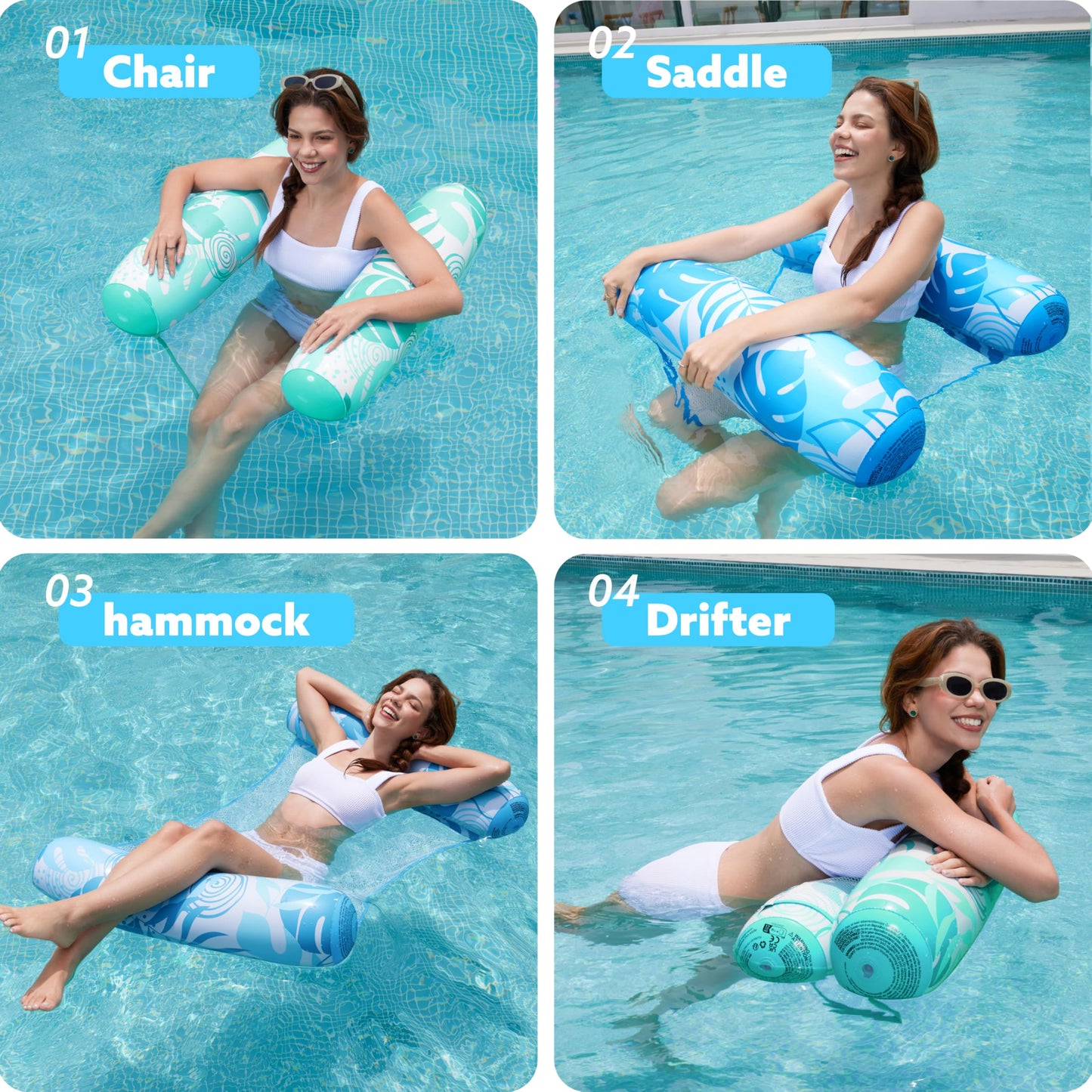 Sloosh 2 Tropical Leaves Packs – 4-in-1 Inflatable Pool Floats for Adults (Blue/Cyan)