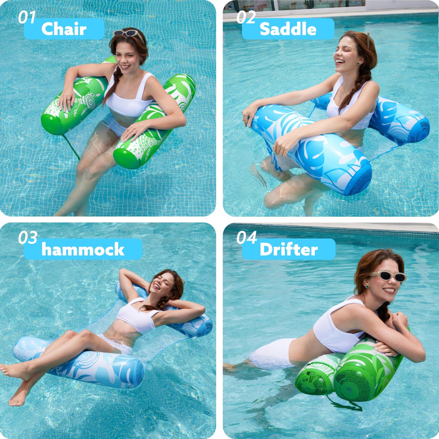Sloosh 2 Packs Tropical Leaves Hammock Pool Floats – 4-in-1 Inflatable Loungers (Blue & Green)