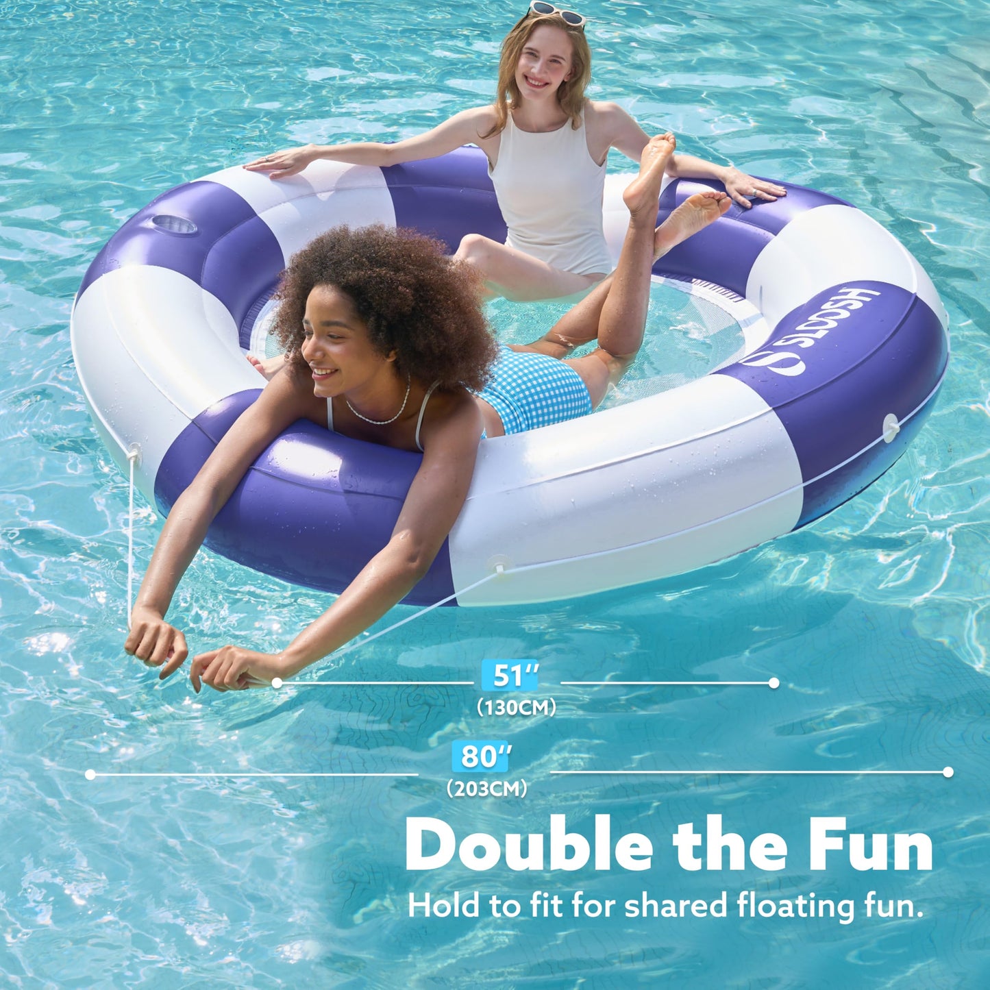 SLOOSH Inflatable Pool Lounger with Mesh – 80" Diameter Navy Stripe, Double Adult Float