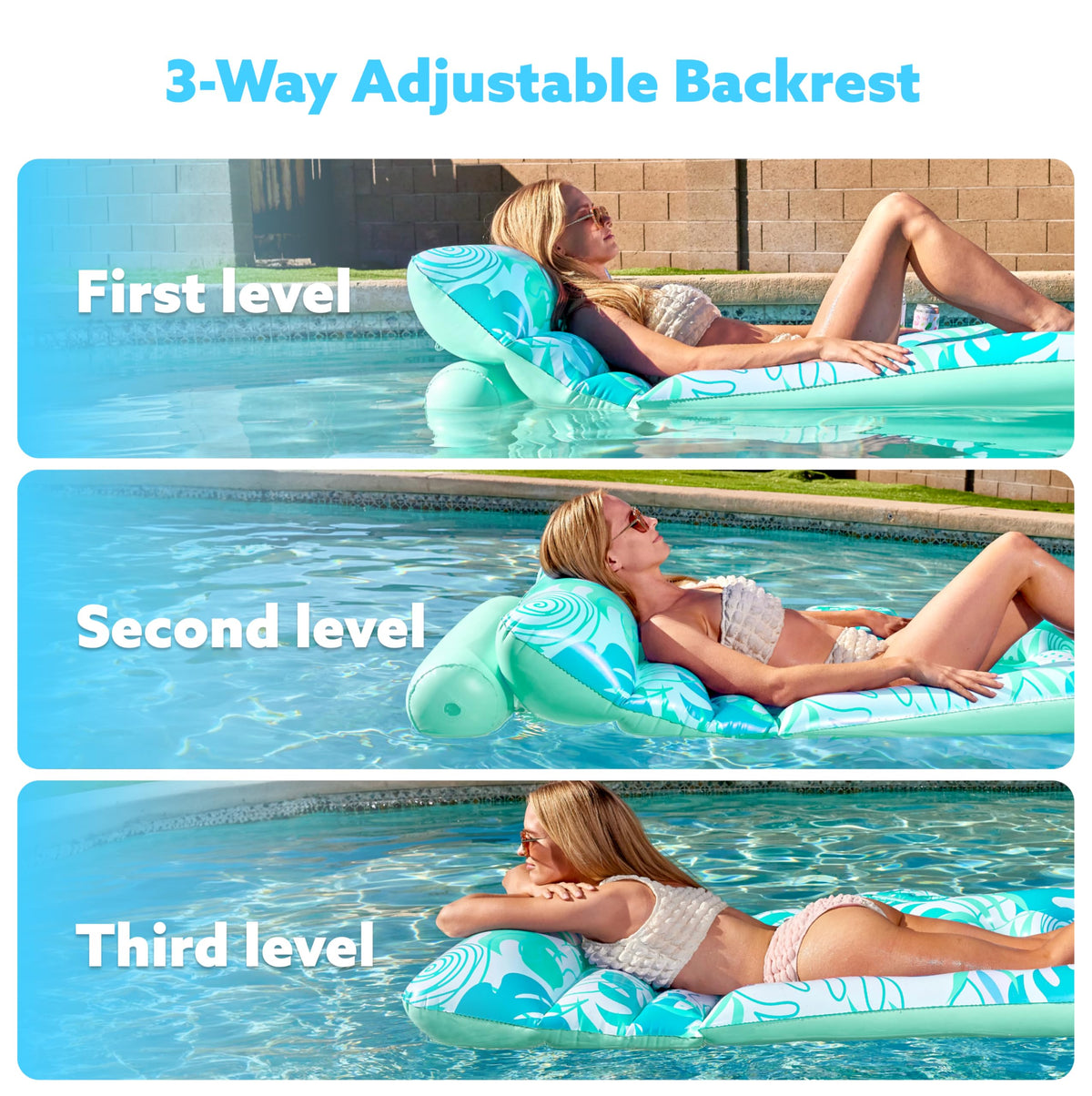 SLOOSH Adjustable Backrest Pool Float with Cup Holders – Tropical Leaves Cyan