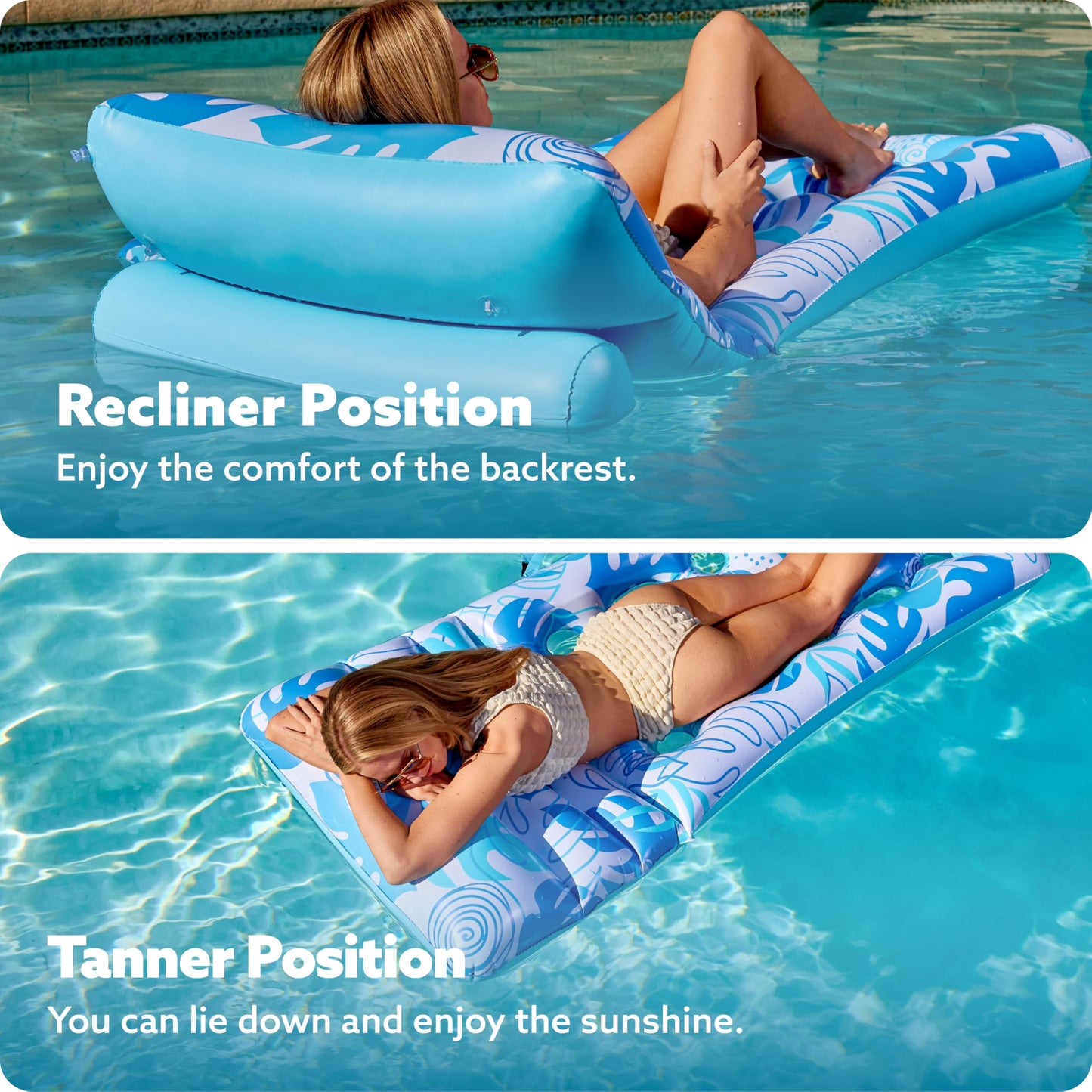 SLOOSH Adjustable Backrest Pool Float with Cup Holders – Tropical Leaves (Blue)