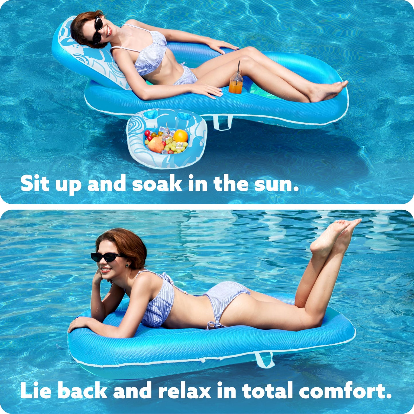 Sloosh Pool Floats Lounger – 2-in-1 Fabric Pool Float with Cup Holders (Blue)