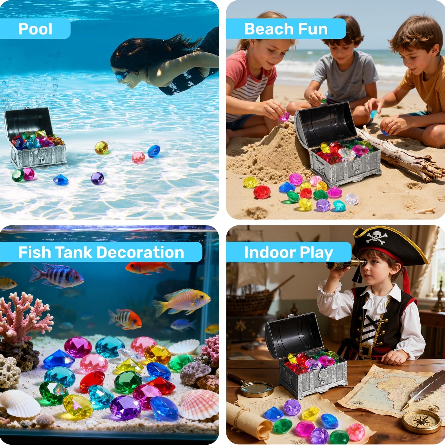 Sloosh Diving Gems Pool Toys – 16 Colorful Diamonds & Pirate Treasure Chest