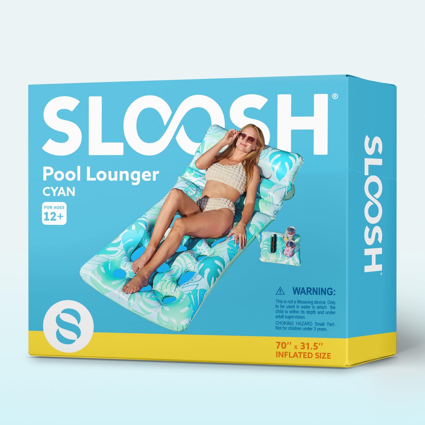 SLOOSH Adjustable Backrest Pool Float with Cup Holders – Tropical Leaves Cyan