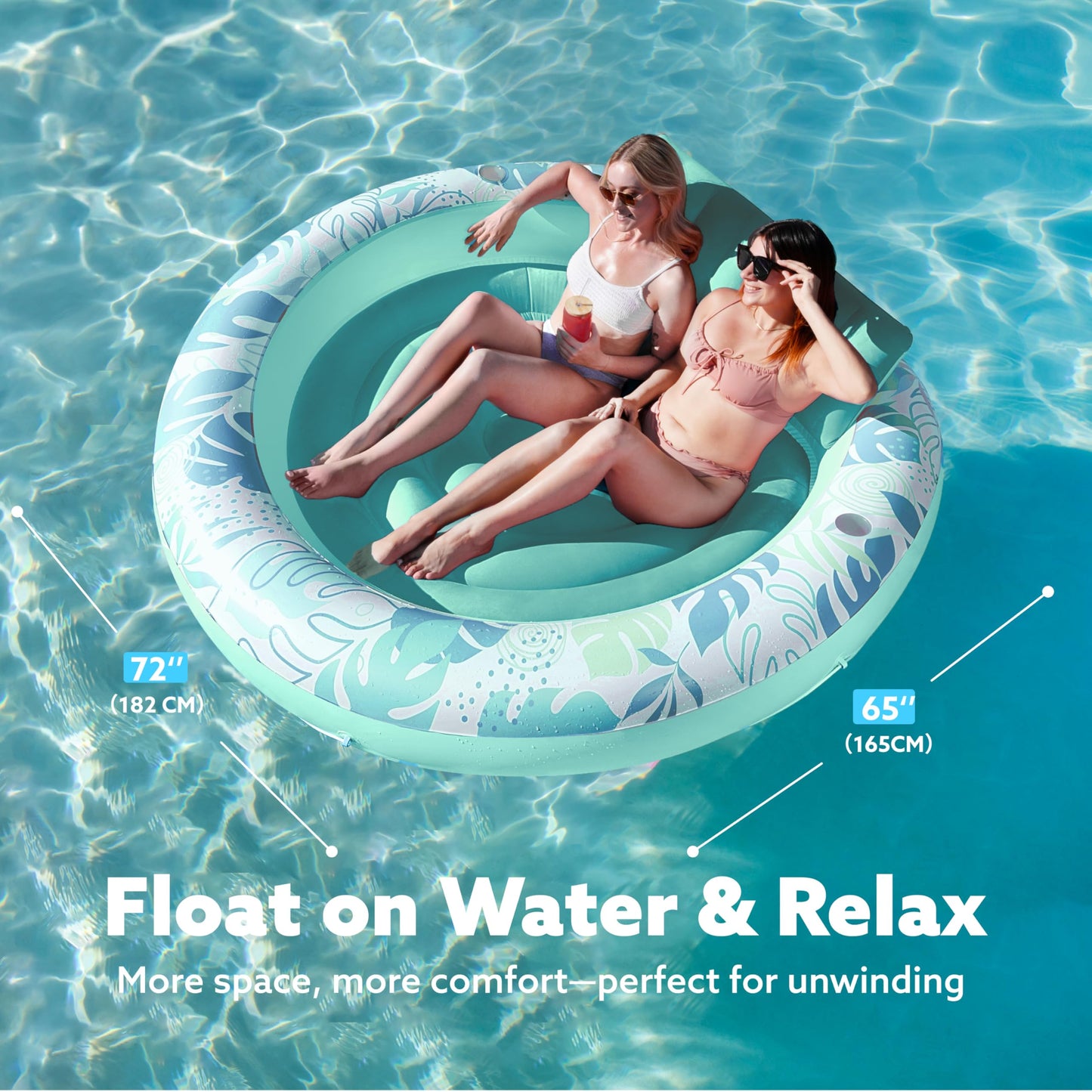 SLOOSH Inflatable Tanning Pool Lounger Float – 72-inch Round Cyan, 4-in-1 Suntan Tub for Adults