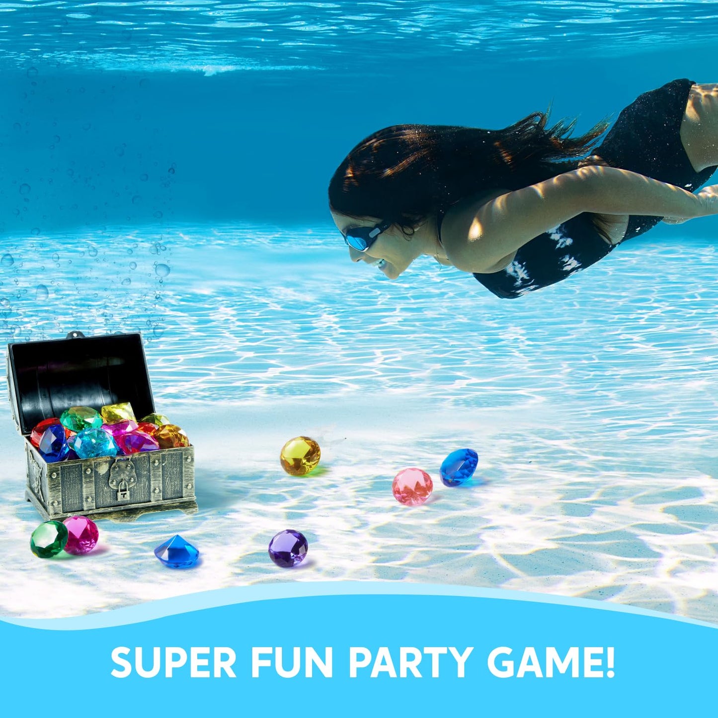 Sloosh Diving Gems Pool Toys – 16 Colorful Acrylic Diamonds & Pirate Treasure Chest