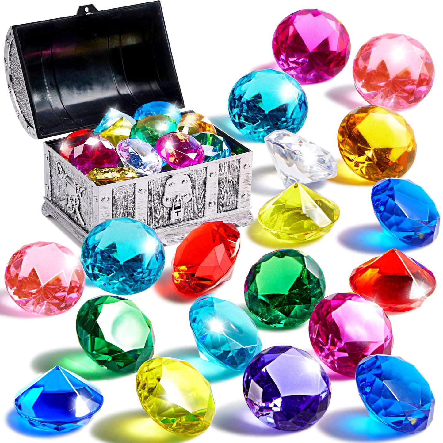 Sloosh Diving Gems Pool Toys – 16 Colorful Diamonds & Pirate Treasure Chest
