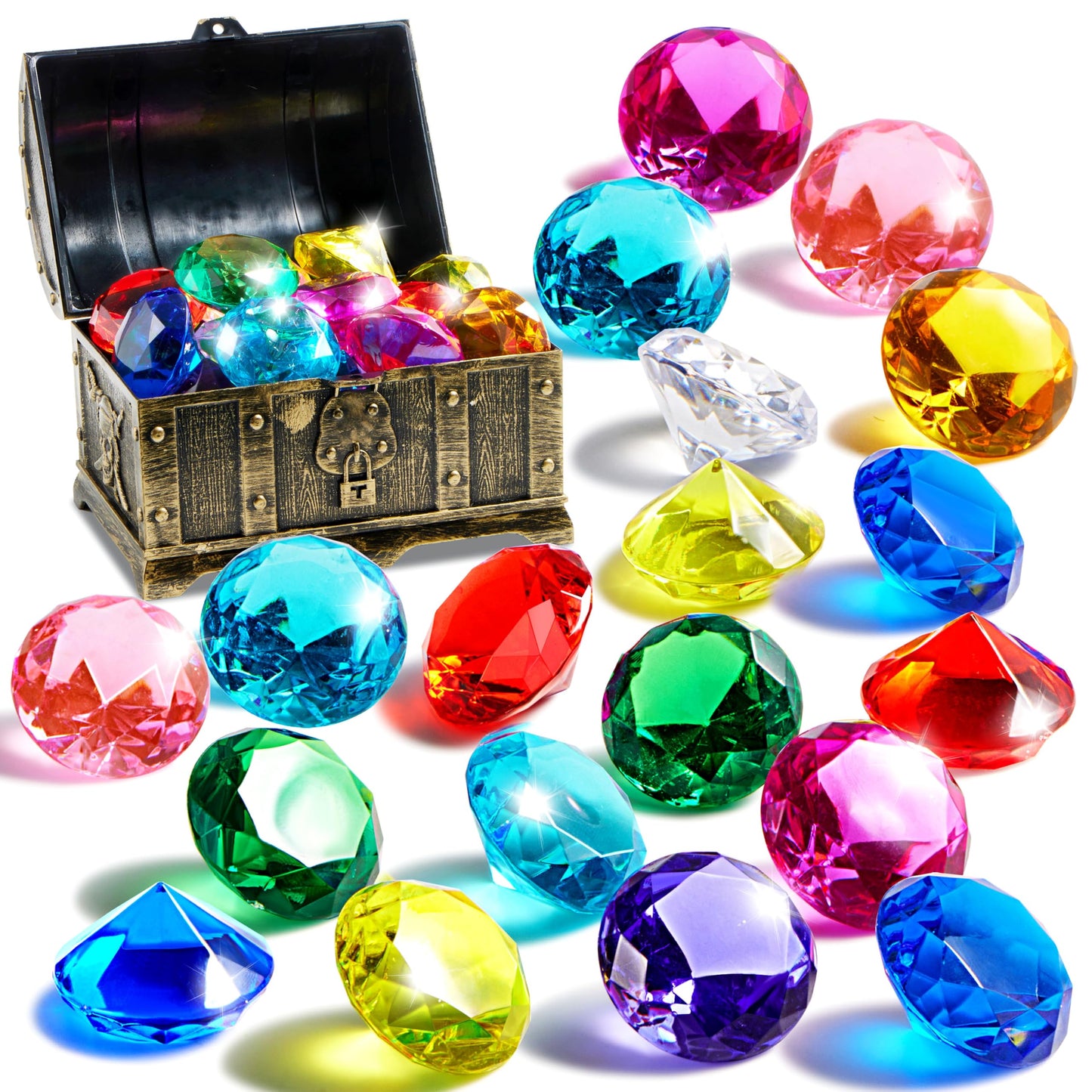 Sloosh Diving Gems Pool Toys – 16 Colorful Acrylic Diamonds & Pirate Treasure Chest