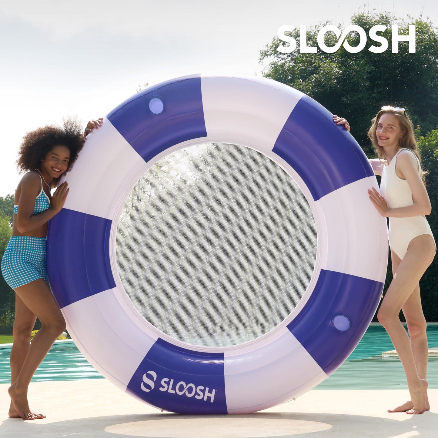SLOOSH Inflatable Pool Lounger with Mesh – 80" Diameter Navy Stripe, Double Adult Float