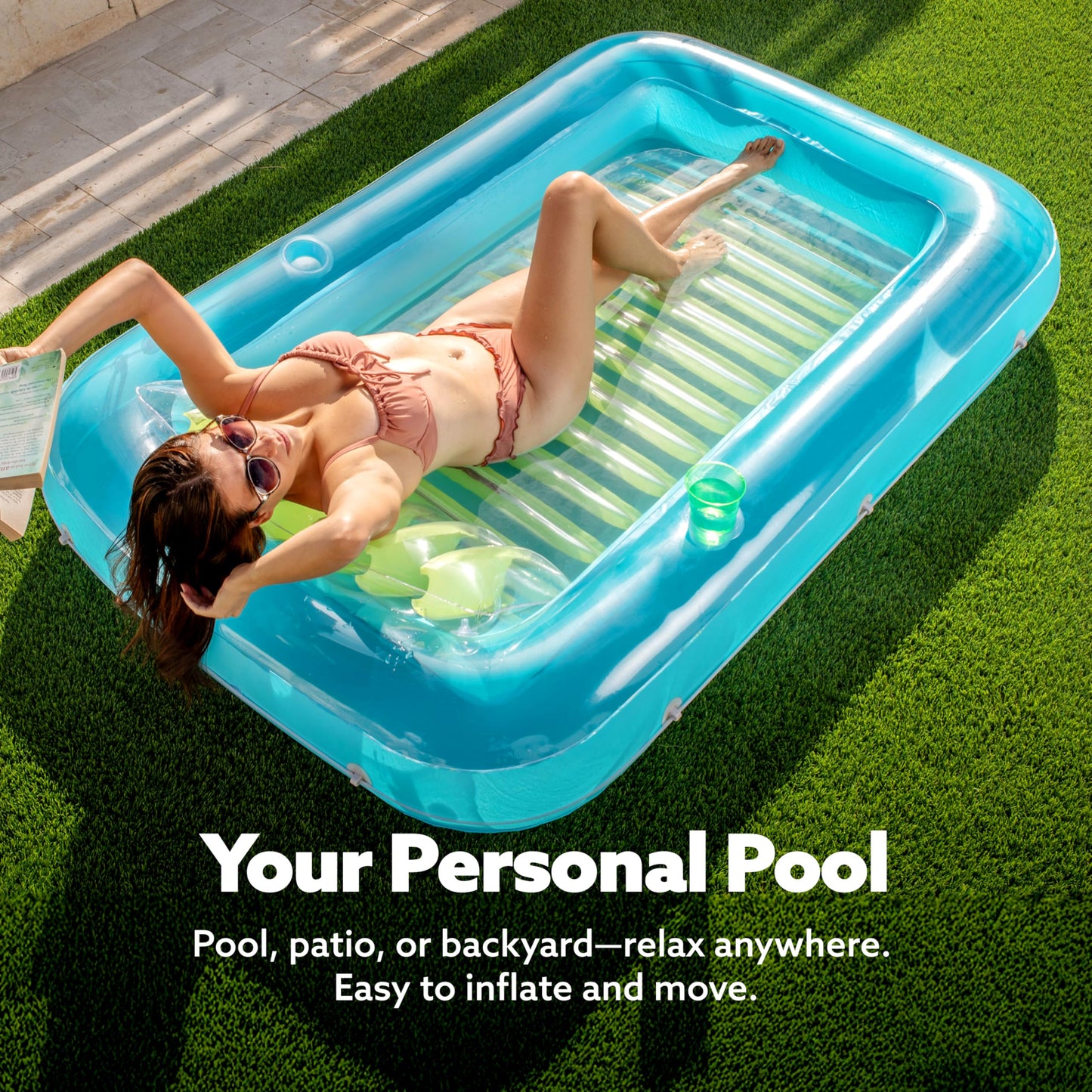 SLOOSH Inflatable Tanning Pool Lounger Float — 70x46, 4-in-1 Suntan Tub Raft, UV-Resistant