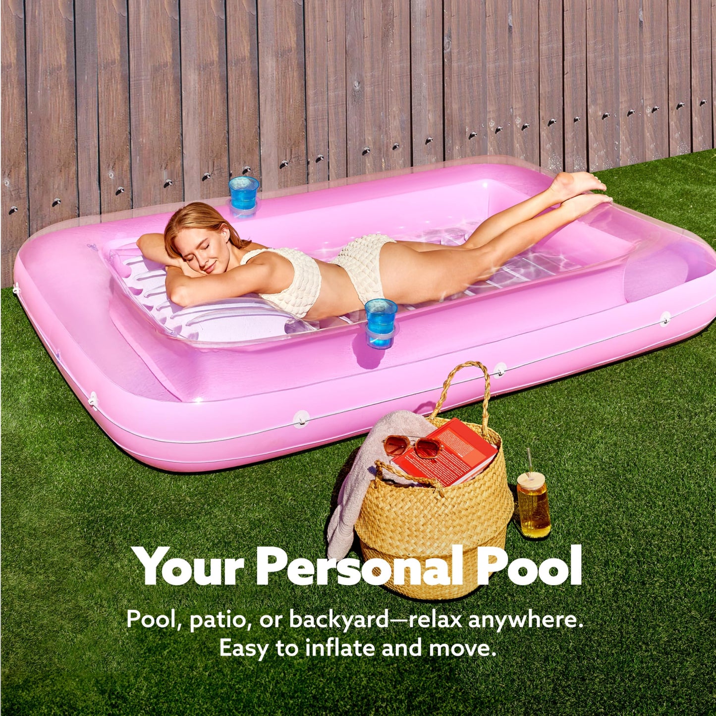Sloosh Inflatable Tanning Pool Lounger XL 85x57 in | Pink & White 4-in-1 Suntan Tub Raft